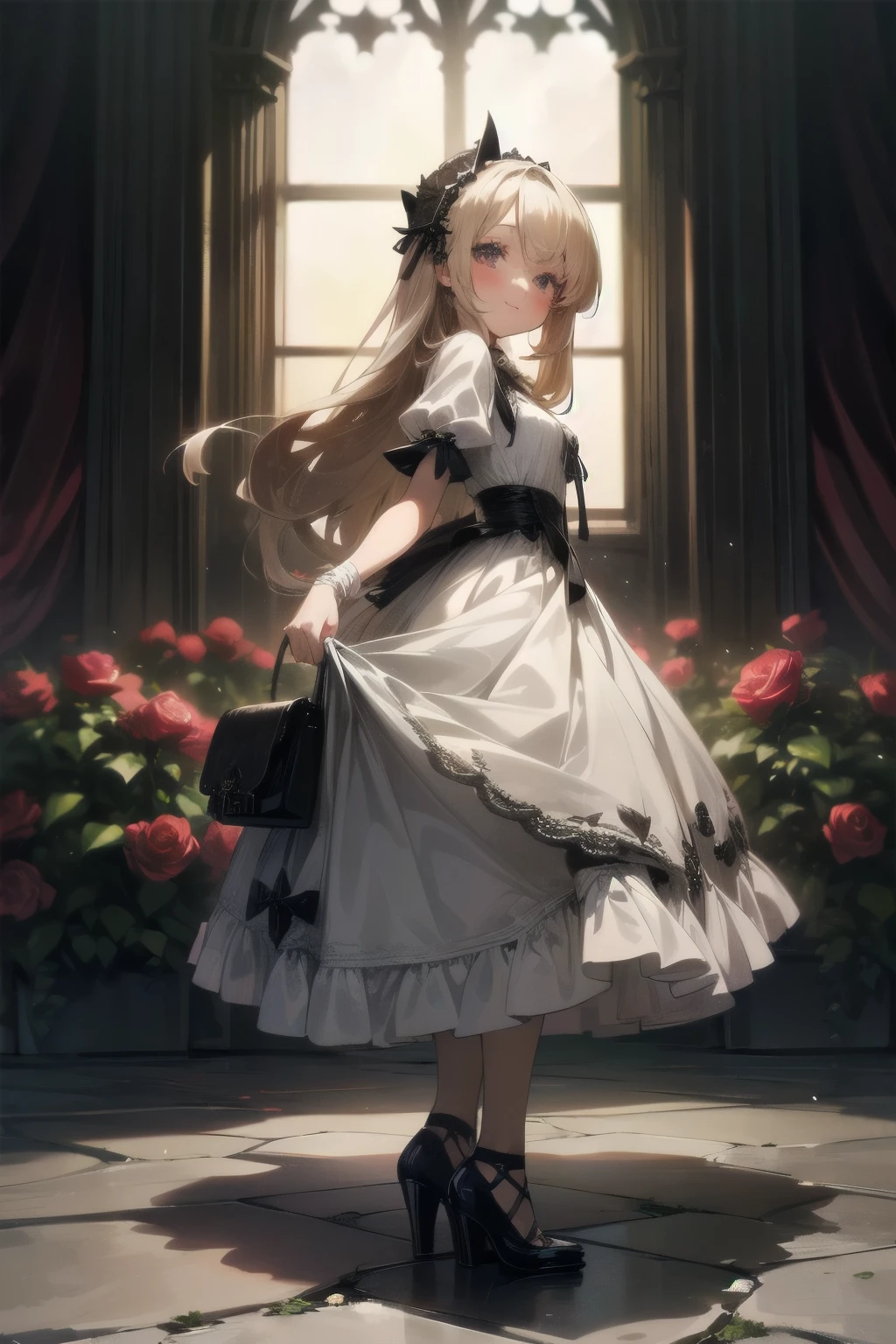 ((Masterpiece)), (Anime:1.5), ((best quality)), (RAW photo: 1.2), (Professional Photography:1.2), full body, 8K, from side, wide shot, (12 years old), ((1girl)), Textured skin, cinematic lighting, 1girl, ((Beautiful Gothic Lolita pure-white-Dresses)), (very hoop-dress), Luxury roses embroidery, cute innocent young girl, ((loose swept bangs)), Slender and small breasts, (long silky blond hair), (gothic lolita makeup), ((bags under the eyes)), lower eyelashes, beautiful hair, smile, (blush), Light particles, ((Lift the skirt with hand)), in beautiful Fantastic garden, (red roses garden)