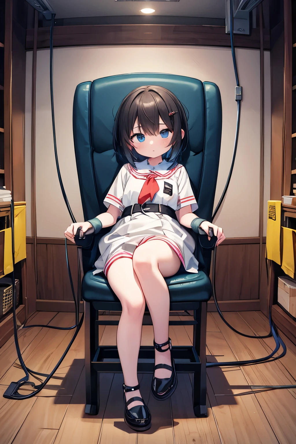 Girl tied to electric chair，Electrocuted，exaggerated