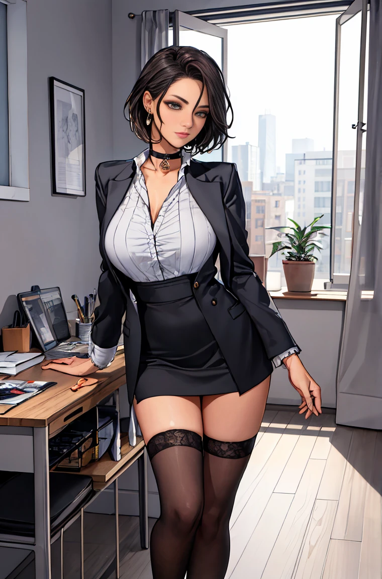 ((software))、(1.woman、alone)、Ultra-Realistic Capture、非常にFamiliar、High resolution 16K human skin closeup、Skin texture must be natural、Familiar:毛穴がFamiliarに識別できる程度、Skin looks healthier、Uniform color tone、Use natural light and color、((Full body photography))、オフィスルームのwoman, White wall, Grey table, plant, window, Masterpiece of sexy pose))), ((highest quality)), ((Complex)), ((Surreal)), Stupid reply, 成熟したwoman, 成熟したwoman, perspective, very Familiar, shape, 1 girl, ((Big Breasts)), Perfect hands, 指のFamiliar, Narrow and beautiful eyes, short hair, Brown eyes, chief executive officer(chief executive officer(chief executive officer(chief executive officer(CEO), (suit:1.2), Open Office Shirt, Tight Skirt, Black choker, Earrings, stockings, Familiarな背景, Bedroom, Perfect Eyes, Captivating eyes, Looking at the audience, From below