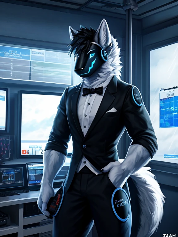, (((Atlas a white Wolf with blue eyes and nose and black hair wearing a black tie and formal outfit inside the weather station room broadcasting today's weather like a meteorologist with the screen in the background and cameras ))) , big chest, day, sexy, sensual, detailed, uploaded to e621, beautiful and detailed portrait of an anthropomorphic , (((male))) uploaded to e621, zaush, foxovh, movie lighting, , thicc, alone, some muscular build, movie cover, all white fur protogen,