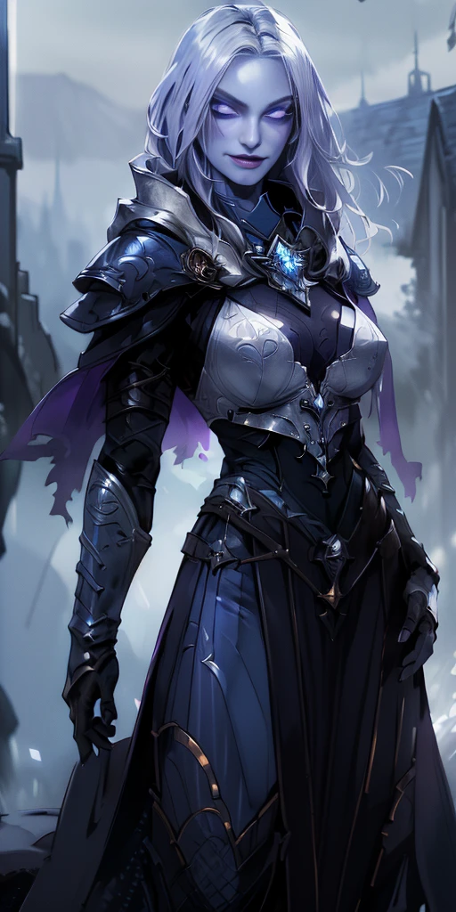 (smile) Gray skin, pale golden hair and violet eyes. They prefer clothing of white and silver with cloaks of deep blue or purple, village background, ((very precise detailed)) ((high res)