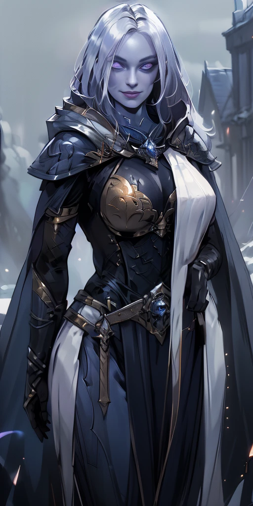 (smile) Gray skin, pale golden hair and violet eyes. They prefer clothing of white and silver with cloaks of deep blue or purple, village background, ((very precise detailed)) ((high res)