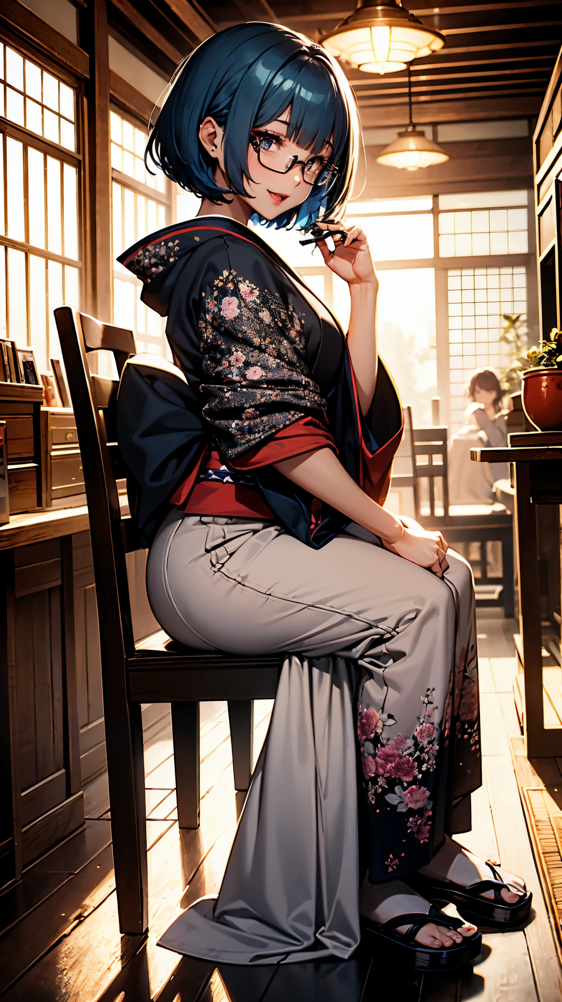 (1girl:1.3), Masterpiece, Best quality, amazing beauty, [[3D]], 4K, absurdres, finely detail, super detailed eye, perfect anatomy, official art, cinematic lighting, BREAK, silky bob cut, blunt bangs, blue hair, super shiny detailed black eye, Looking Side Glance, Wearing a kimono, close-mouth, Japanese anime style, Japanese-style cafe, red lips, eyewear, Laughing, BREAK , usually, tall, medium, tanned skin, sitting chair, head tilt, full body, Sidelighting, Glasses, glasses