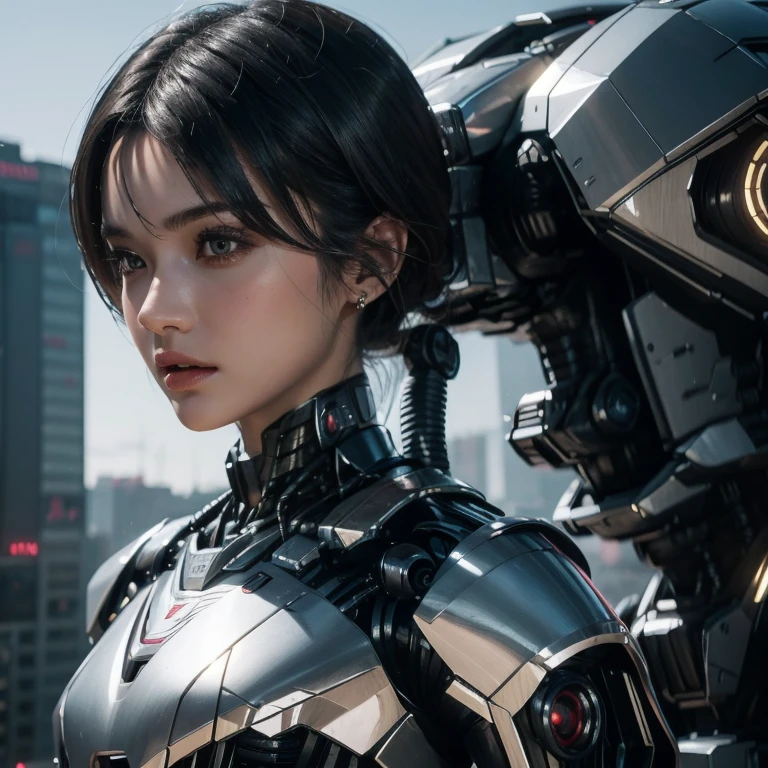 ((1girll)), Fluttering hair, Black hair，Perfect facial features, exquisite face, super detailing, Super quality, Mechanical limbs,   (Blue mech),  cool movement, Cyberpunk city, k hd, Lifelike, Movie quality, rendering by octane, C4D render,  Masterpiece, Best quality, 8K, High details, hyper HD