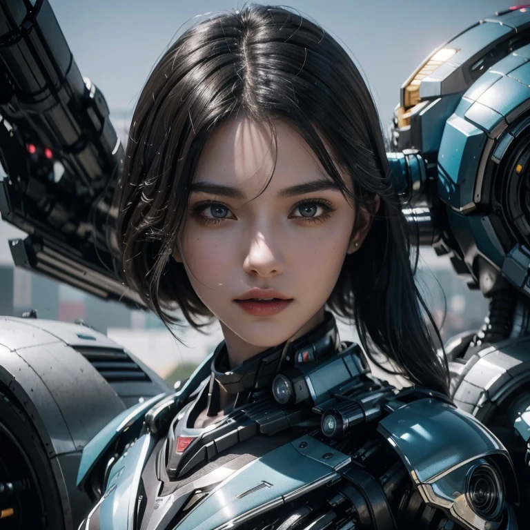 ((1girll)), Fluttering hair, Black hair，Perfect facial features, exquisite face, super detailing, Super quality, Mechanical limbs,   (Blue mech),  cool movement, Cyberpunk city, k hd, Lifelike, Movie quality, rendering by octane, C4D render,  Masterpiece, Best quality, 8K, High details, hyper HD