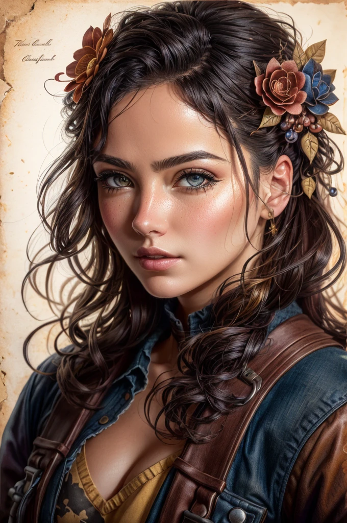 Stable Diffusion prompt:
Charlie Bowater's realistic lithographic sketch portrait of a woman, flowers, [Equipment], pipe, diesel punk, Multicolored ribbons, old paper texture, very detailed, (best quality:1.2), ultra-detailed, (realistic:1.37), portraits, vibrant colors, warm color tones, soft lighting.