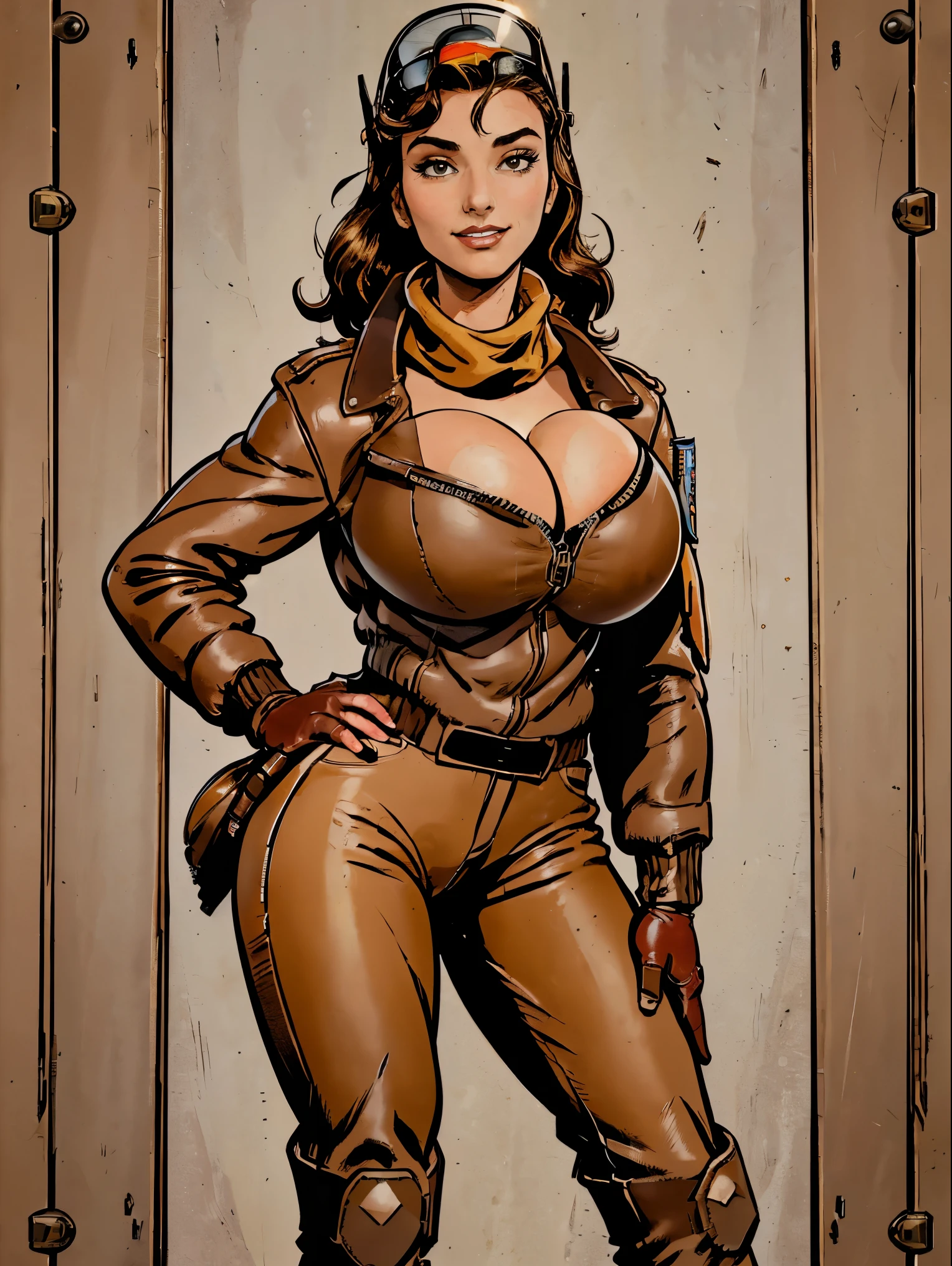 Gorgeous and sultry busty athletic brunette smiling with sharp facial features and a (large nose) and (huge boobs) wearing a 1930’s pilot costume (brown leather (bomber jacket), fleece lining, leather pilot helmet, beige pants, boots, gloves, vintage headset, goggles, scarf) on a runway, prop plane