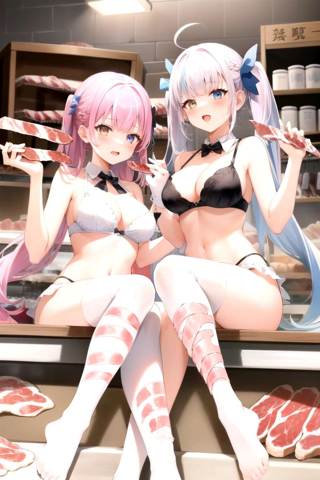 masterpiece, Top quality, Two girls, Port God,Double tail,Colorful hair, Double tail, Undercoat color, Two purple eyes,Port God是粉头发, Blue highlights,Two color hair braids, White bra,White underwear,另一个女孩是Kagura Mia,Kagura Mia,White hair,(Giddenmei 1.5),Heterochromia,Half closed eyes,double braid hair,Kagura Mia的头发是白色的,Double tail,Barefoot,White bra,White underwear,Two girls,(Butcher shop:1.4),Girl sees soles of feet,lesbian,Love,Two girls并排坐,Two girls看向观众,foot fetish,
