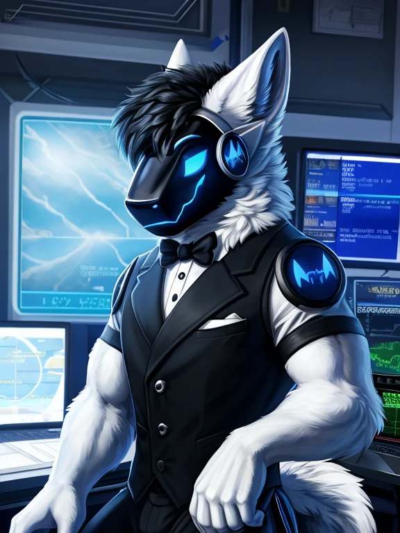 , (((Atlas a white Wolf with blue eyes and nose and black hair wearing a black tie and formal outfit inside the weather station room broadcasting today's weather like a meteorologist with the screen in the background and cameras ))) , big chest wearing clothing , day, , sensual, detailed, uploaded to e621, beautiful and detailed portrait of an anthropomorphic , (((male))) uploaded to e621, zaush, foxovh, movie lighting, thicc, alone, movie cover, all white fur protogen,