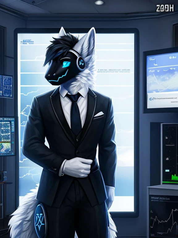 , (((Atlas a white Wolf with blue eyes and nose and black hair wearing a black tie and formal outfit inside the weather station room broadcasting today's weather like a meteorologist with the screen in the background and cameras ))) , big chest wearing clothing , day, , sensual, detailed, uploaded to e621, beautiful and detailed portrait of an anthropomorphic , (((male))) uploaded to e621, zaush, foxovh, movie lighting, thicc, alone, movie cover, all white fur protogen, 