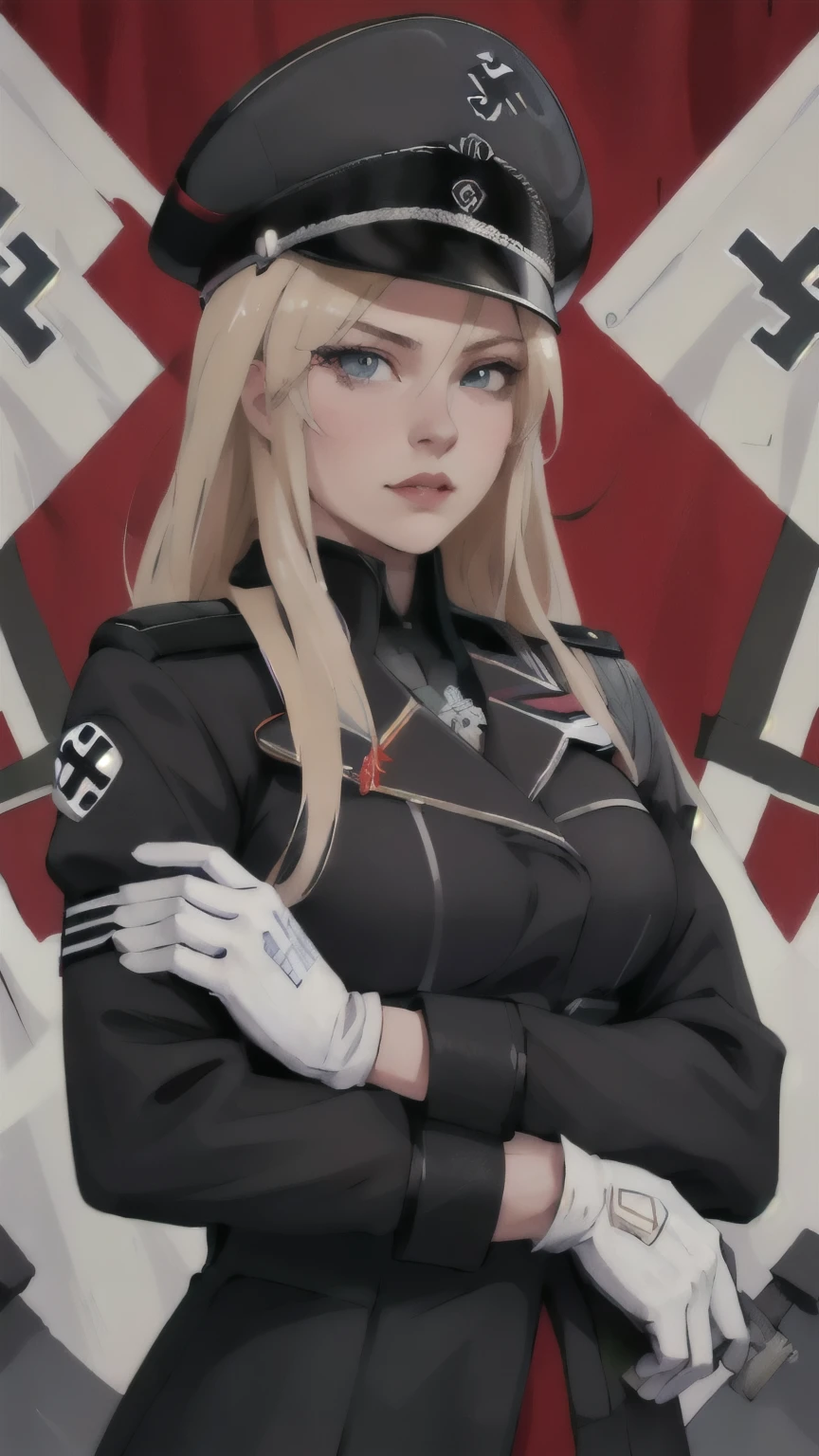 masterpiece, best quality, highres,  long hair, 1girl, solo,  bismarck, a woman wearing black BMR_uniform holding a sword, medal on left shoulder, BIS_hat, white glove, ((Nazi-Propaganda Poster)