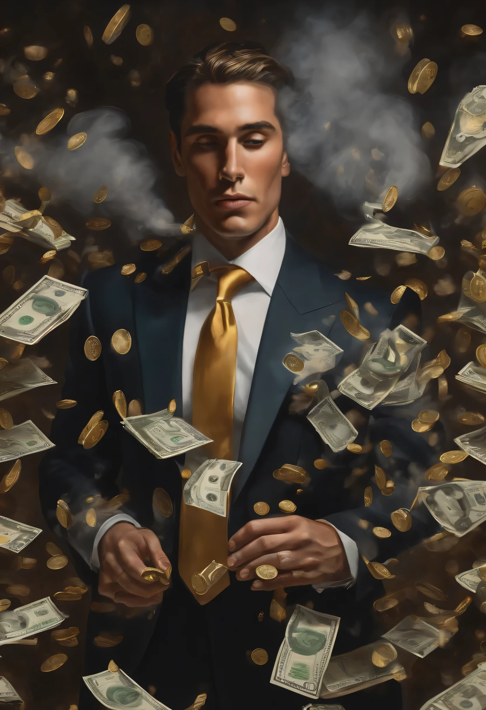 Uma pintura detalhada de uma pessoa de terno, Surrounded by a flood of dollar bills and gold bars, moedas de ouro, white smoke flying in front (((muito fumo)))