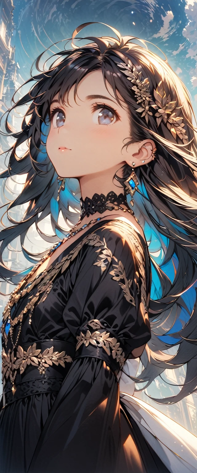 Top quality masterpiece illustrations、Black hair and black eyes、Wearing multiple necklaces、Wearing earrings、Little girl in black and white fancy dress looking up、Cute and elegant face with long hair in the upward view. The angle of the sideways view is fair.、More hair details、