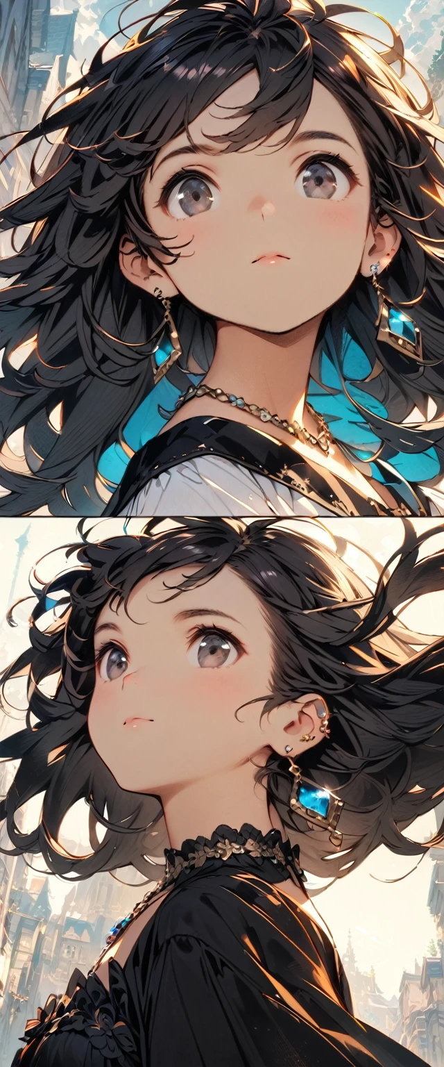 Top quality masterpiece illustrations、Black hair and black eyes、Wearing multiple necklaces、Wearing earrings、Little girl in black and white fancy dress looking up、Cute and elegant face with long hair in the upward view. The angle of the sideways view is fair.、More hair details、