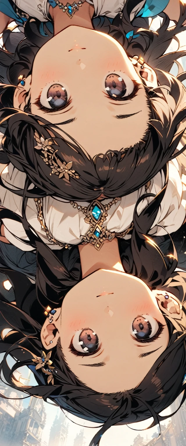 Top quality masterpiece illustrations、Black hair and black eyes、Wearing multiple necklaces、Wearing earrings、Little girl in black and white fancy dress looking up、Cute and elegant face with long hair in the upward view. The angle of the sideways view is fair.、More hair details、