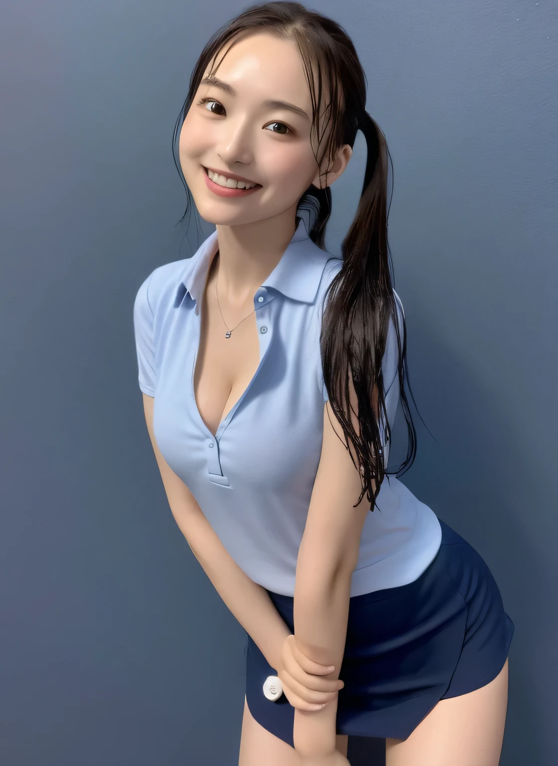 ((Ultra-high resolution)),8K,19 years old、Leaning forward to reveal cleavage、Small breasts, , Twin tails,  Navy blue mini skirt, Pink polo shirt、Small cleavage 2:1,Idol Sculpture, Wet, smile、Dark blue walls、sexy、slender、Shapely small breasts、I can see your thighs、