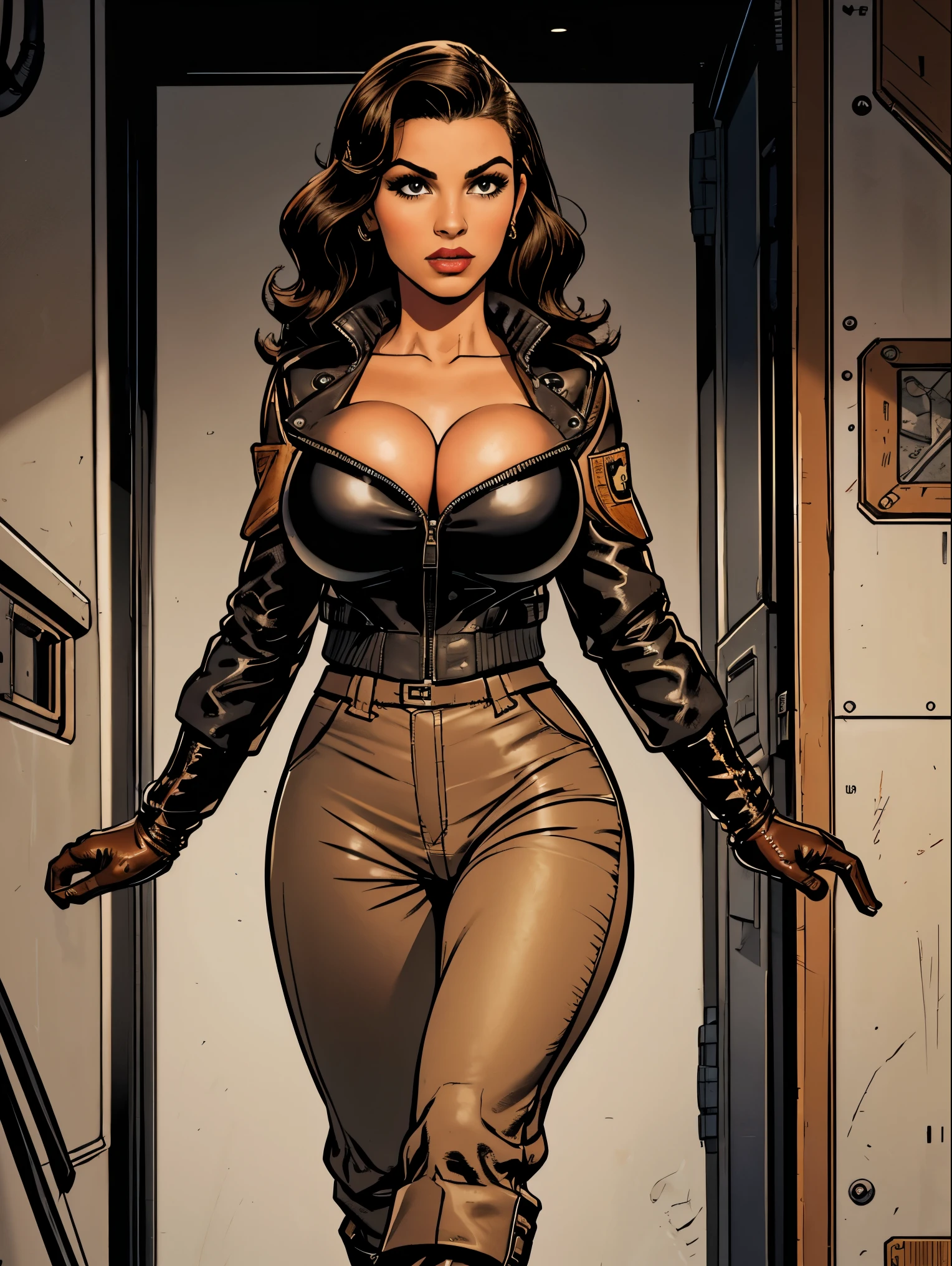 Gorgeous and sultry busty athletic Latina with sharp facial features and a (large nose) and (huge boobs) wearing a 1930’s pilot costume (black leather (cropped jacket), fleece lining, beige pants, boots, gloves) on a runway, prop plane