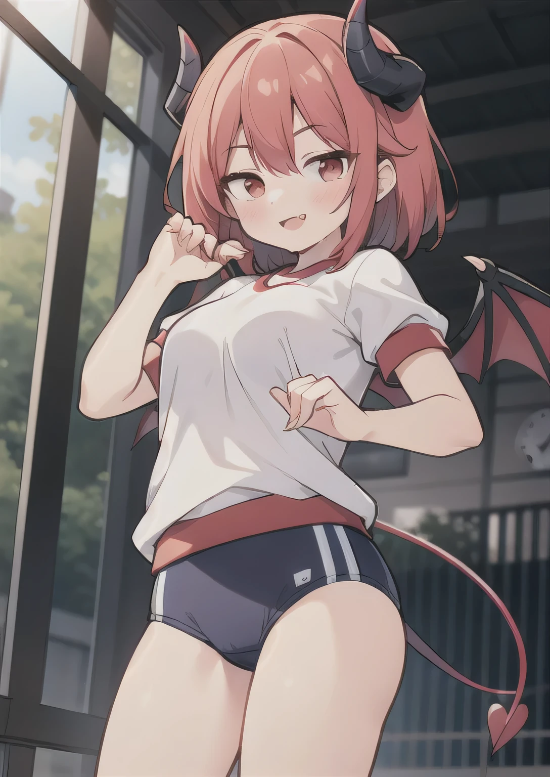 8K, 1girl. petit, teen, kawaii vampire, crimson hair, short hair, red eyes, bat wings, smile, (blush), (shy), fang, looking at viewer, dynamic angle, wind, game cg, fantastic scenery, demon tail, thin tail, black horns, medium breast, gym uniform, gym class, penis bulge, otokonoko, ball bulge in panties