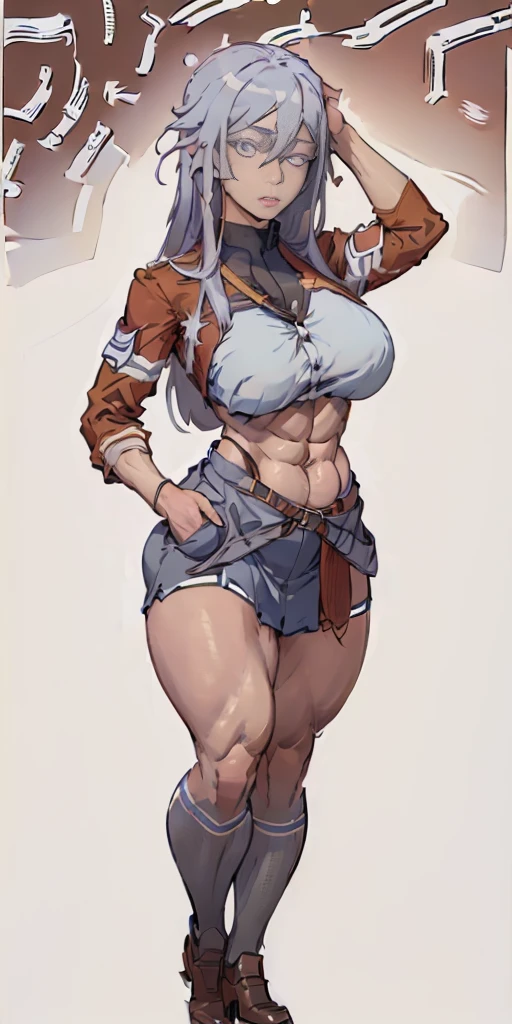 ((Masterpiece, plain background,1:2)) (Vladilena Milize) (grey eyes:1.5), grey hair, hair between eyes, long hair, full toned muscle girl body standing SCHOOL GIRL UNIFORM, BROWN SHOES, hands on waist, navel