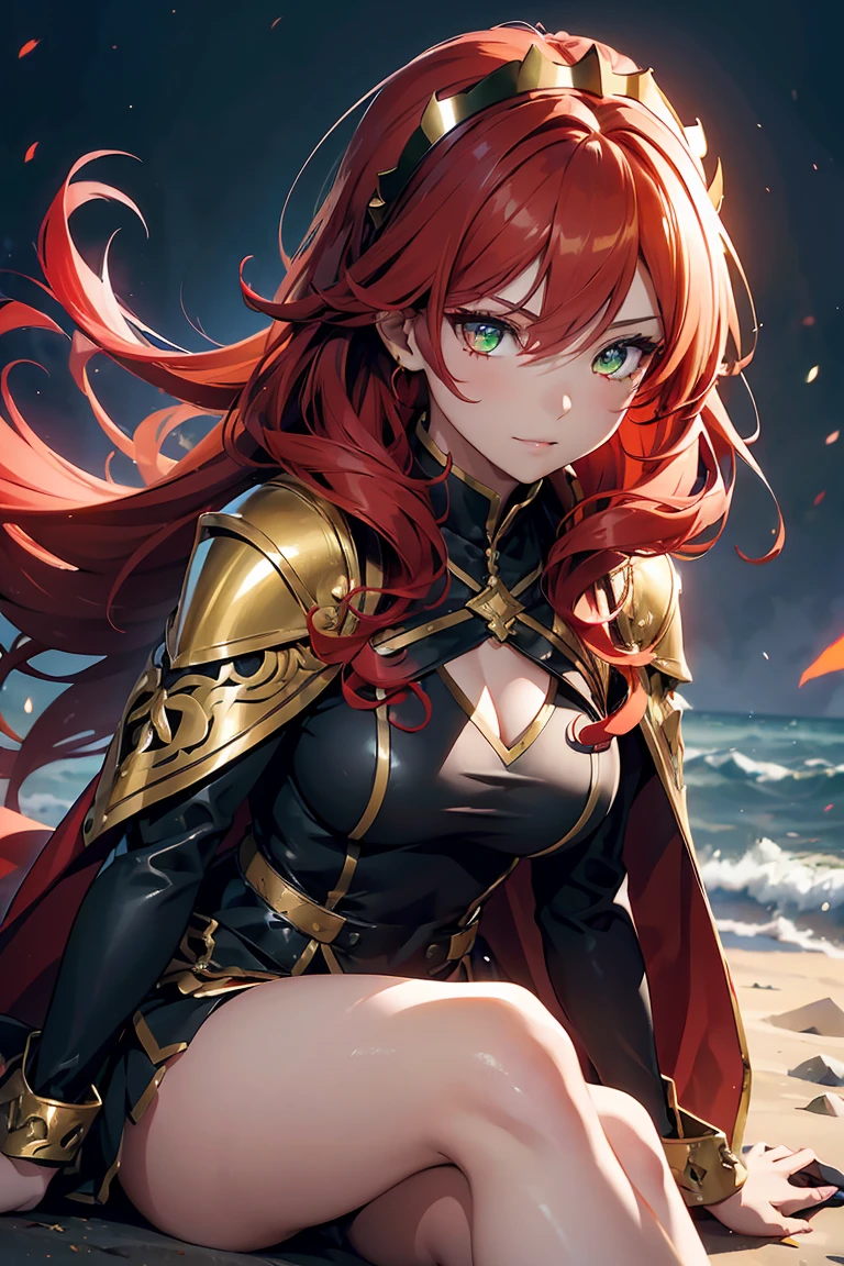 ((1 girl)), (Detailed and clear face) ,Cool woman, Grin, Mordred, Rough poses, (Crown), Cape, king位,(sit), 女king, king, Large sword, Crossing your legs, new, victory, king宮, (Cowboy Shot),((Very detailed,highest quality, High resolution, 8k wallpaper, 美new服,)),((fiery red hair, Long Hair,Curly Hair)), Blowing in the Wind, eye shadow, eyeliner,Glow Eye, 反射光の美new目, ((Glowing golden eyes)), eye shadow, eyeliner,Glow Eye, Very detailedな目, Complex eyes, Beautiful Eyes, ((Glowing green eyes)),18-year-old girl