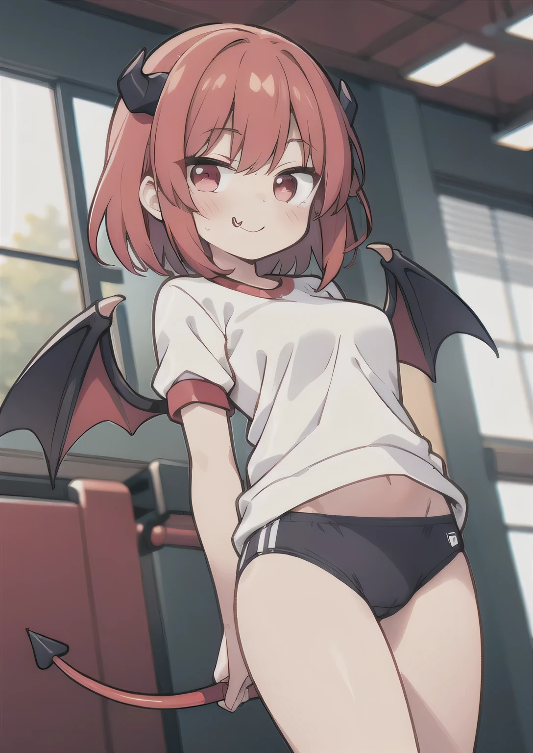 8K, 1girl. petit, , kawaii vampire, crimson hair, short hair, red eyes, bat wings, smile, (blush), (shy), fang, looking at viewer,  dynamic angle, wind, game cg, fantastic scenery, demon tail, thin tail, black horns, medium breast, gym uniform, gym class, penis bulge, otokonoko, ball bulge in panties