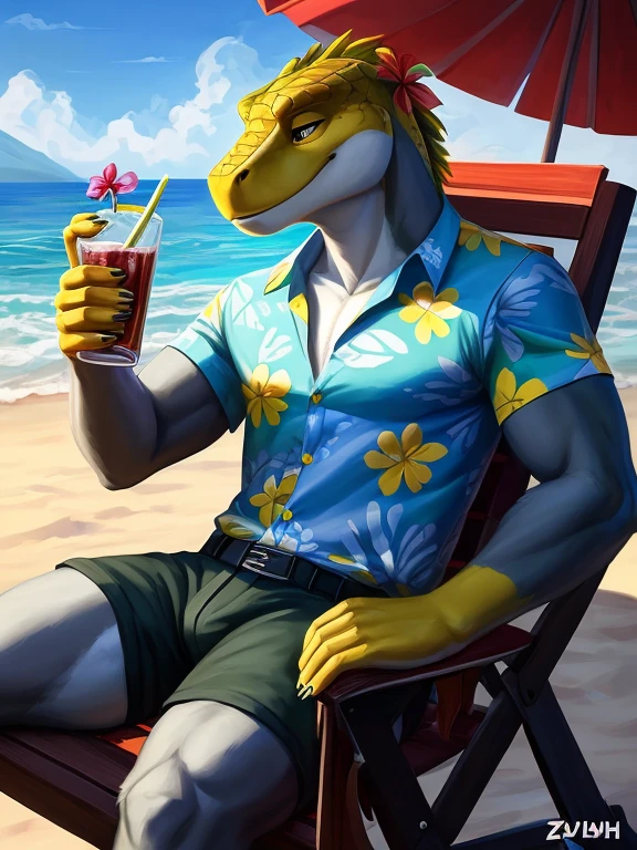 , (((David a Green and white anthropomorphic male lizard wearing a Hawaiian shirt with a red yellow and blue flower pattern on it and blue shorts sitting on the chair with the black shades covering his eyes tanning in the sun and next to him a little table with a drink on his right side at the beach))) , big chest wearing clothing , day, , sensual, detailed, uploaded to e621, beautiful and detailed portrait of an anthropomorphic , (((male))) uploaded to e621, zaush, foxovh, movie lighting, thicc, alone, movie cover,