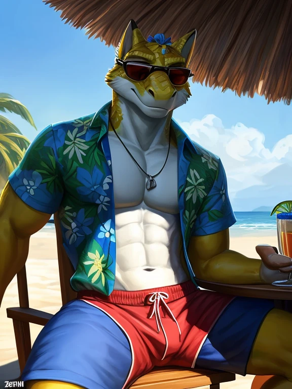 , (((David a Green and white anthropomorphic male lizard wearing a Hawaiian shirt with a red yellow and blue flower pattern on it and blue shorts sitting on the chair with the black shades covering his eyes tanning in the sun and next to him a little table with a drink on his right side at the beach))) , big chest wearing clothing , day, , sensual, detailed, uploaded to e621, beautiful and detailed portrait of an anthropomorphic , (((male))) uploaded to e621, zaush, foxovh, movie lighting, thicc, alone, movie cover,