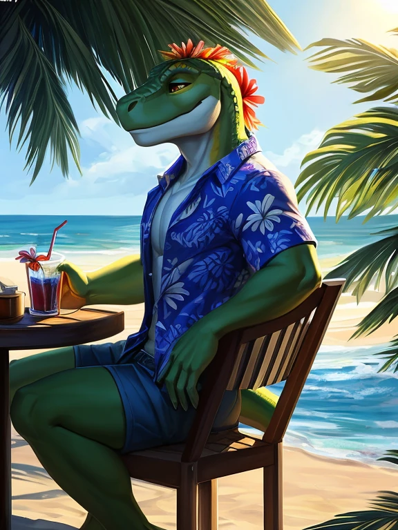 , (((David a Green and white anthropomorphic male lizard wearing a Hawaiian shirt with a red yellow and blue flower pattern on it and blue shorts sitting on the chair with the black shades covering his eyes tanning in the sun and next to him a little table with a drink on his right side at the beach))) , big chest wearing clothing , day, , sensual, detailed, uploaded to e621, beautiful and detailed portrait of an anthropomorphic , (((male))) uploaded to e621, zaush, foxovh, movie lighting, thicc, alone, movie cover,