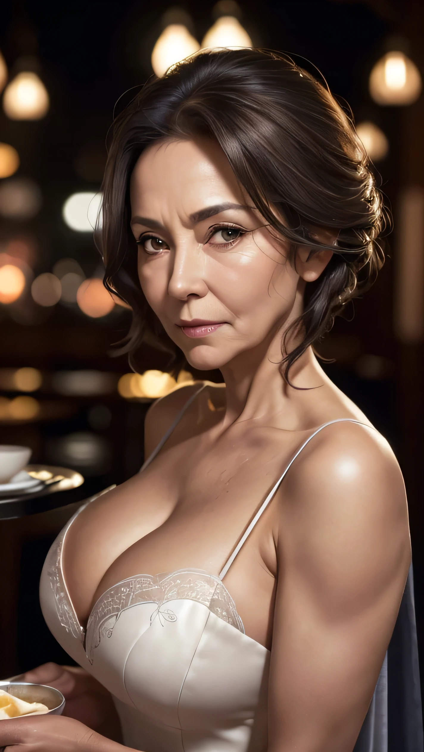 65 years old,(Mature Woman:1.2), Captivating Gaze,length, old, Gray Hair,Brown eyes, (She has many wrinkles on her face:1.4), (there are many wrinkles on her chest..4),old woman, Fine Lines (8k, High resolution,super high quality, Ultra HD,Surreal,highest quality,Masseter region:1.2)(Big Breasts,Big cleavage:1.1) ,(old woman in Japan), beautiful dinner dresses,Eyes visible through hair, Proper eye position,Cinematic Light,Soft Light,Waist,At night,Soft moonlight,detailed color graded background,Complex, Very detailed,8k,Overall silhouette,restaurant,Looking down