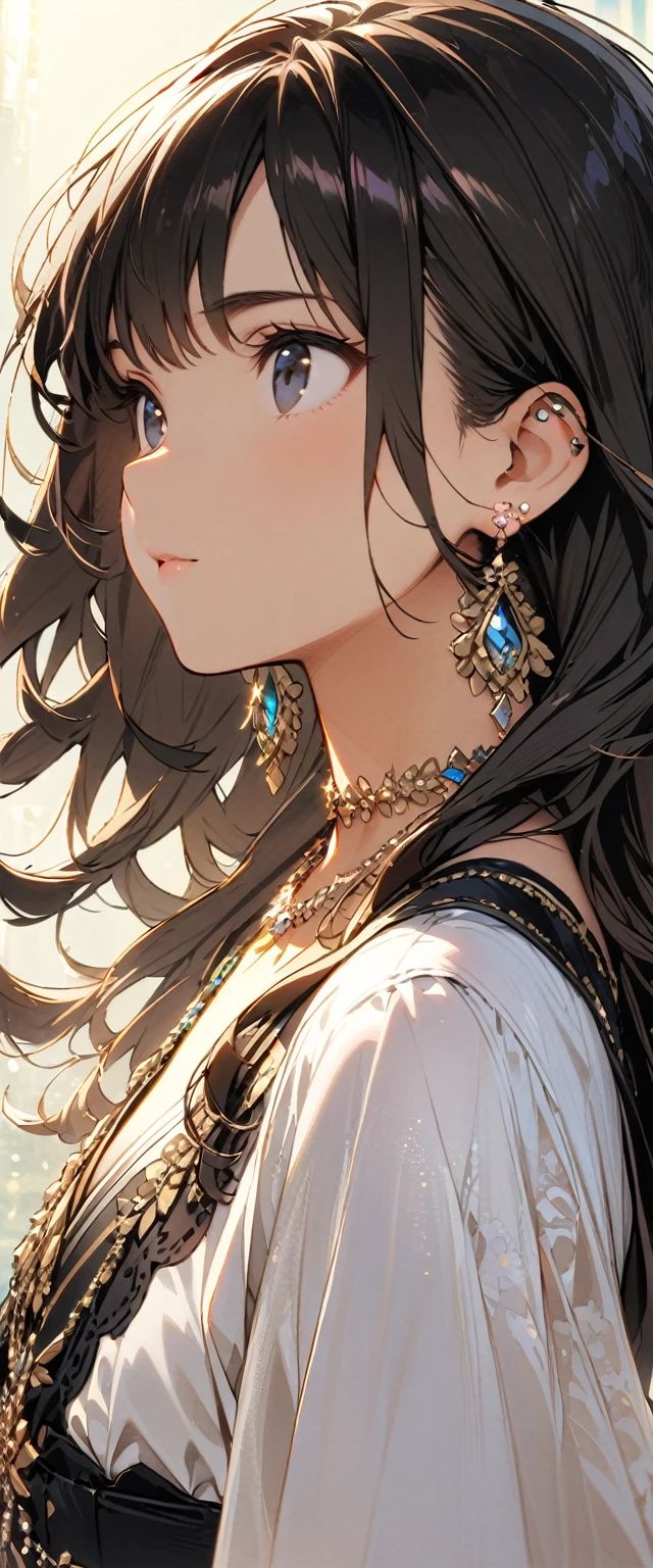 1 person、Top quality masterpiece illustrations、Black hair and black eyes、Wearing multiple necklaces、Wearing earrings、Little girl in black and white fancy dress looking up、Cute and elegant face with long hair in the upward view. The angle of the sideways view is fair.、More hair details、