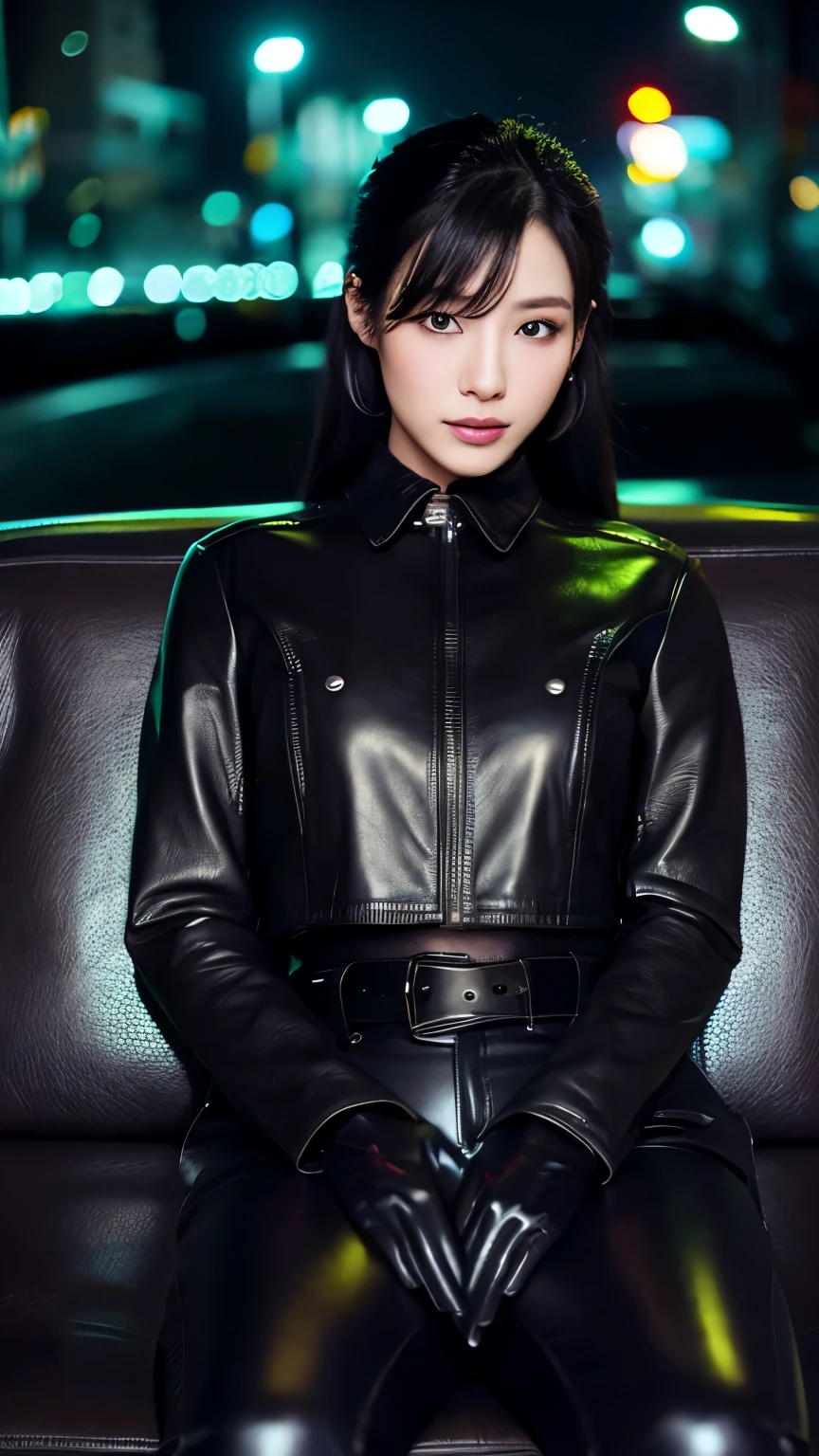 black leather rider jacket, Office in the Dark, Black leather gloved fingertips on both hands,Wearing black leather gloves,Sitting in a black leather chair、 Japanese female new recruits (Black leather gloves cover both hands) (The angle is horizontal)、Black Leather Pants,Black Leather Black Leather Pants,Black Leather Skinny Pants、Long black leather boots on both feet、Black hair ponytail ((He wears black leather gloves on his hands))Full Body Photo,full body shot full body full body leather suit,☺If you turn in this direction。Wearing black leather gloves,Wearing black leather gloves,Wearing black leather gloves,Wearing black leather gloves,Wearing black leather gloves,Wearing black leather gloves,黒のレザーパンツが美しい😍黒のレザーパンツが美しい😍黒のレザーパンツが美しい,😍Smiling while looking at me,City lights、((Neon Cyberpunk City Street:1.3))、(Neon Light)、Detailed lighting、

Best image quality、Ultra-high resolution、(realism:1.4)、Korean Beauty Star、The most beautiful KPOP stars、face、Horny Korean Makeup、A body that makes you want to touch it、Realistic leather texture、Costume made of smooth leather fabric、The drape of the curved parts of the leather fabric、The costume is very shiny、Quality of the costume、8K Photo Quality
