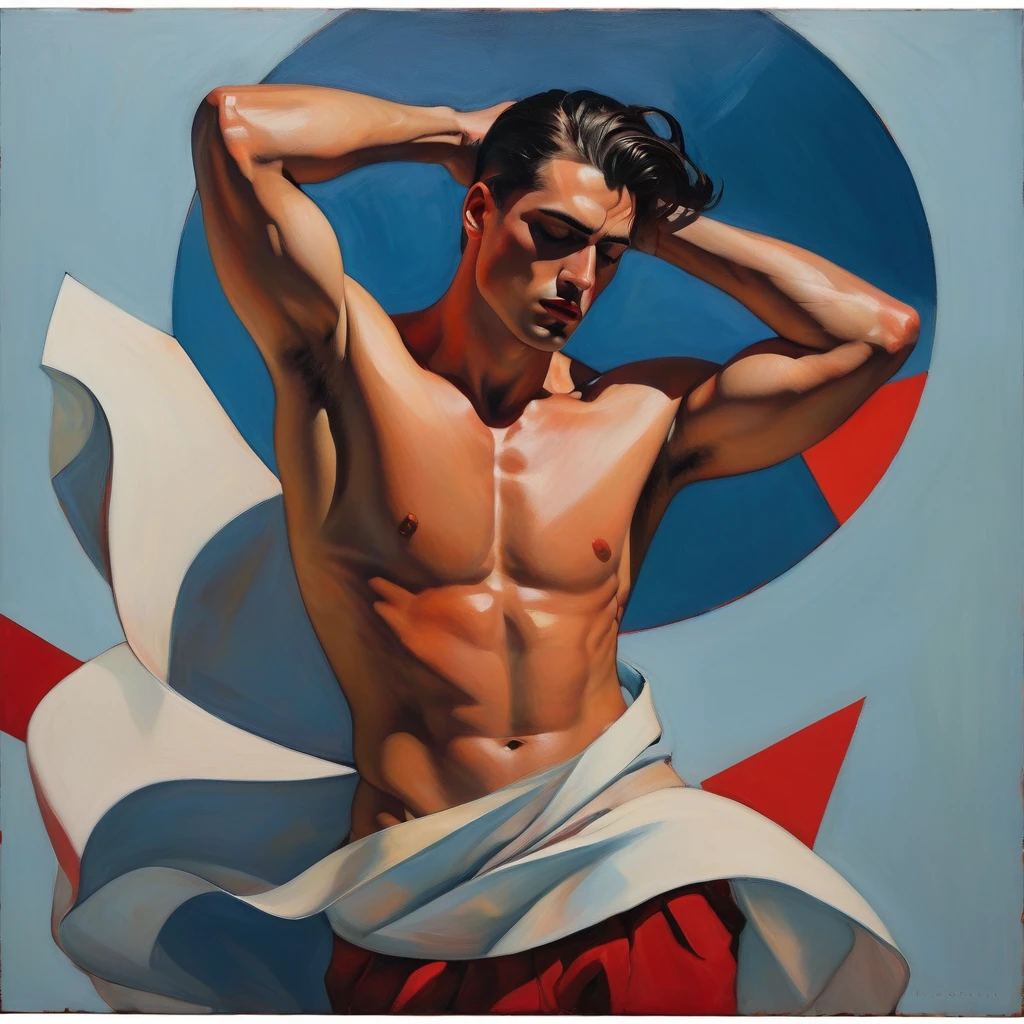 sfw chiaroscuro technique on sensual illustration of an arafed supermodel pulling his hair, sexy masculine, diego fazio, male model, by Ludovit Fulla, model with attractive body, inspired by Ludovit Fulla, mid-shot of a hunky, the model draped in flowing, thick oil painting by Harumi Hironaka, extremely soft colors, vibrant, highly detailed, malcolm liepke painting, oil on canvas, high contrast, dramatic, refined, tonal, Create high contrast between light and shadow fire around, there is a red circle on a blue and red square, inspired by Bauhaus, in a shapes background, brown red blue, circle forms, red blue, by Leon Polk Smith, memphis abstract minimal art, graphic shapes, minimal art, blue and red, minimal art style, bauhaus art, inspired by El Lissitzky, bold simple shapes