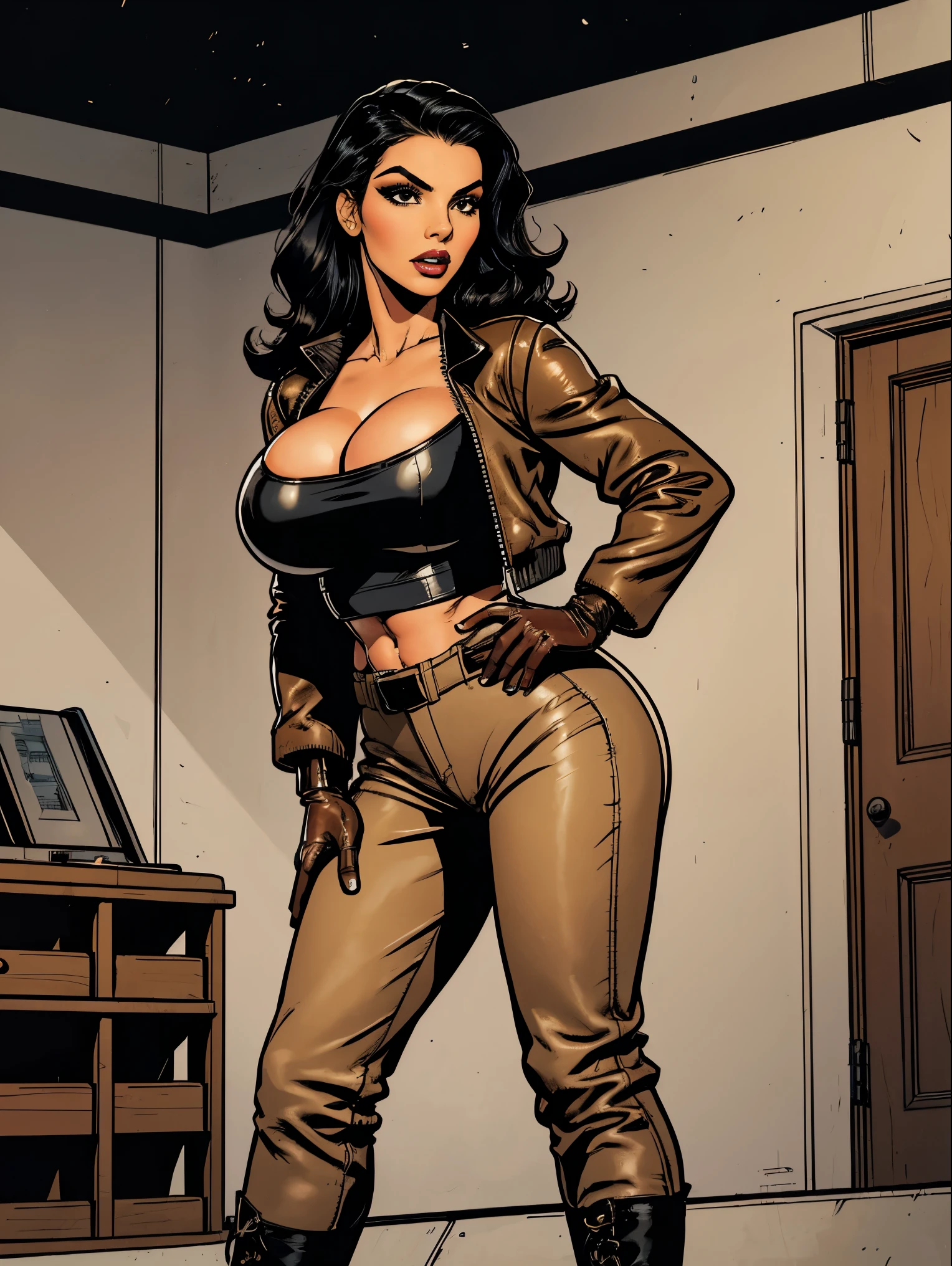 Gorgeous and sultry busty athletic Latina with sharp facial features and a (large nose) and (huge boobs) long black hair, big lips, flawless makeup, wearing a 1930’s pilot costume (black leather (cropped jacket), fleece lining, beige pants, boots, gloves) on a runway, prop plane
