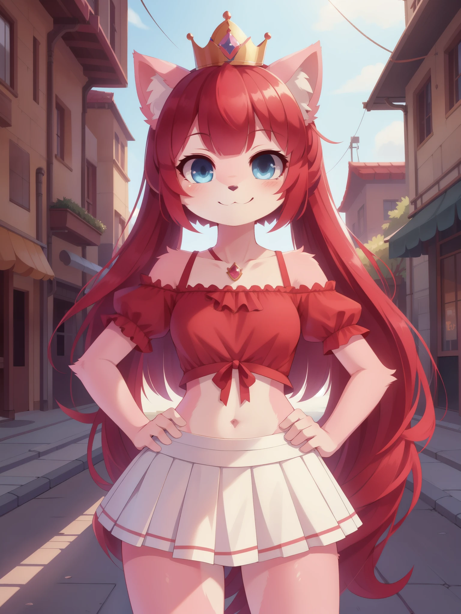 furry girl, cat, red hair, Knight bangs hairstyle, long ponytail, anime style, medium breasts, blue eyes, ((red frilly shirt, two shoulders, midriff, white skirt, princess crown, white sandals)), high quality, detailed body, detailed eyes, detailed face, masterpiece, glistening body, detailed body fur, best quality, two tone body, pink fur, clear pink fur, perfect lighting, perfect shadows, perfect eyes, perfect hair, perfect face, gorgeous body, skinny, standing, solo, :3, smilling, standing, street, clear sky, full body, feets with three toes, 3 toes,