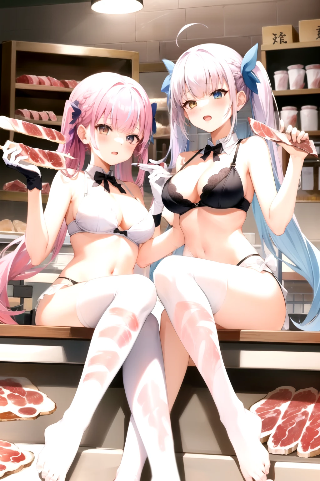 masterpiece, Top quality, Two girls, Port God,Double tail，Colorful hair, Double tail, Undercoat color, Port God是两只紫色的眼睛,Port God是粉头发, Blue highlights，Two color hair braids, White bra，White underwear，另一个女孩是Kagura Mia，Kagura Mia，White hair，(Giddenmei 1.5),Heterochromia,Half closed eyes,Kagura Mia的左眼是右眼是蓝色，double braid hair，Kagura Mia的头发是白色的，Double tail，Barefoot，White bra，White underwear，Two girls，(Butcher shop:1.4)，Girl sees soles of feet，lesbian，Love，Two girls并排坐，Two girls看向观众，foot fetish，