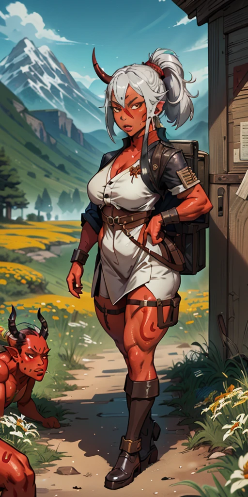1 girl, (((oni girl))), (((red skin))), horns, white hair, ponytail, (((adventurer outfit))), explorer, researcher, fascinated expression, full body portrait, outside, forest, mountains, butterflies, flowery meadow