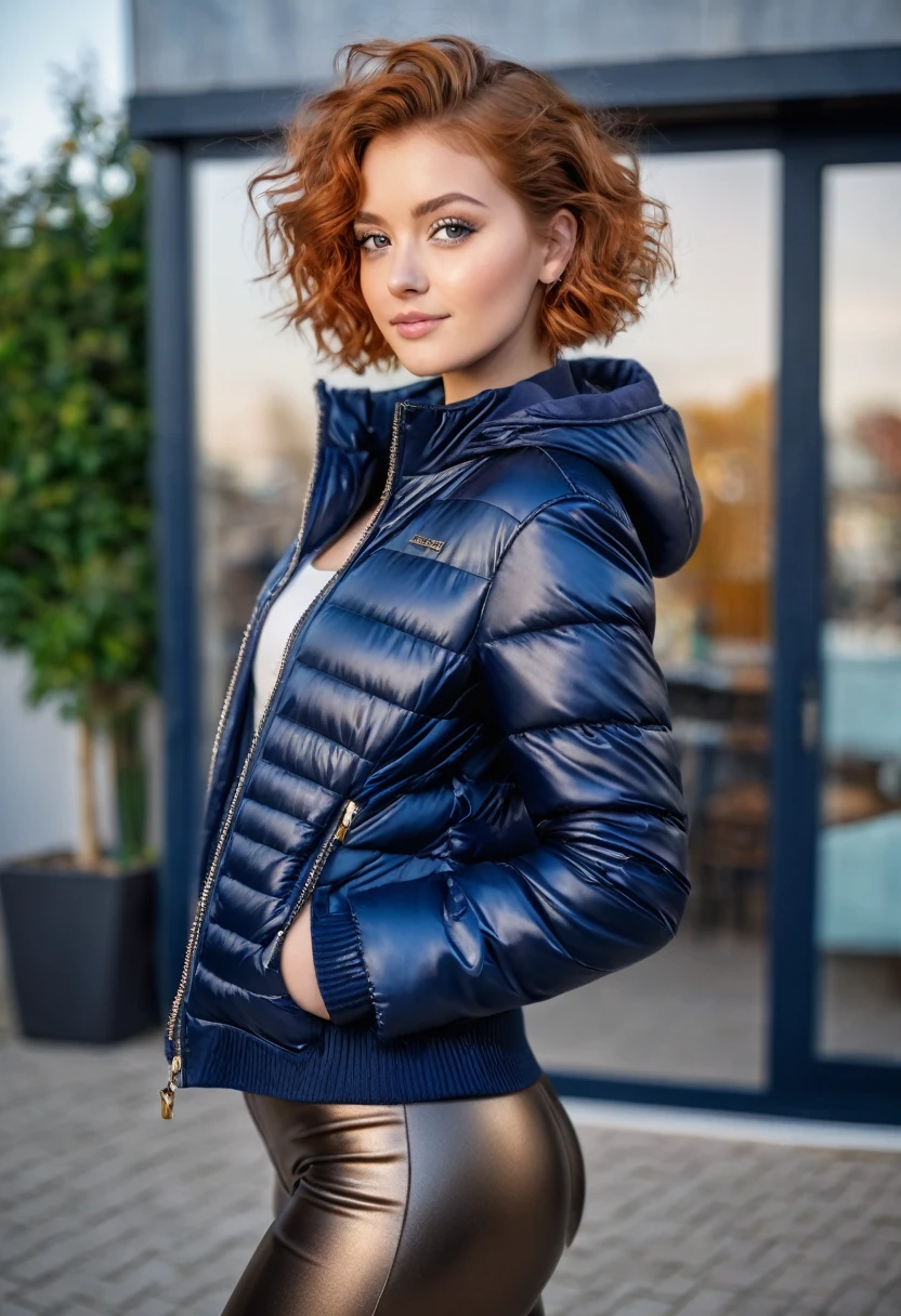 hyperrealistic beautiful busty 18-year-old women wearing navy metallic cropped puffer jacket and faux leather leggins, model shooting full body photography, view from behind, natural redhead short curly bob, dark eye makeup with eyeliner, seductive smile, small necklace, 8K, Best quality, Meisterwerk, ultra high resolution, (Realismus: 1.4), Originalfoto, (realistische Hautstruktur: 1.3), (Filmkorn: 1.3), (Selfie-Winkel), 1 girl, Beautiful round hazel eyes and facial details, Meisterwerk, Best quality, selfie-pic-posing outside, nsfw