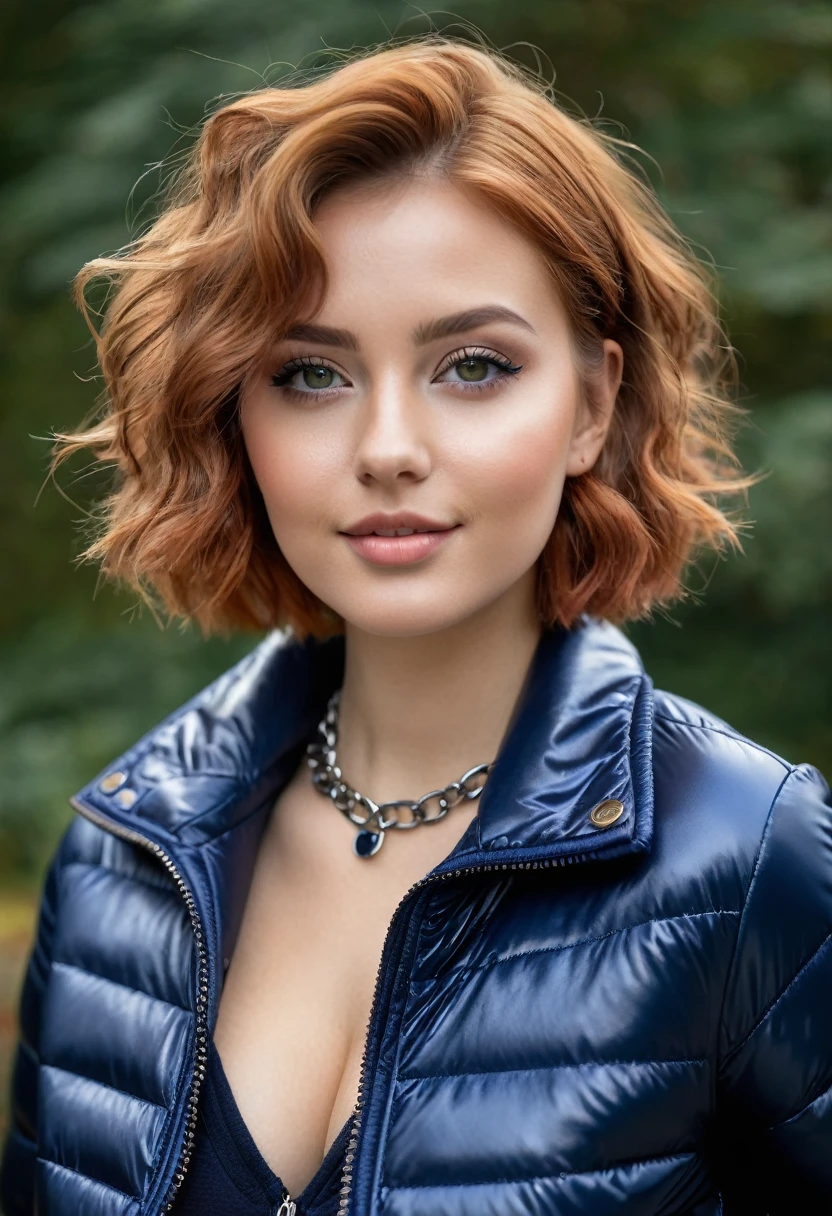 hyperrealistic beautiful busty 18-year-old women wearing navy metallic cropped puffer jacket and faux leather leggins, model shooting full body photography, view from behind, natural redhead short curly bob, dark eye makeup with eyeliner, seductive smile, small necklace, 8K, Best quality, Meisterwerk, ultra high resolution, (Realismus: 1.4), Originalfoto, (realistische Hautstruktur: 1.3), (Filmkorn: 1.3), (Selfie-Winkel), 1 girl, Beautiful round hazel eyes and facial details, Meisterwerk, Best quality, selfie-pic-posing outside, nsfw