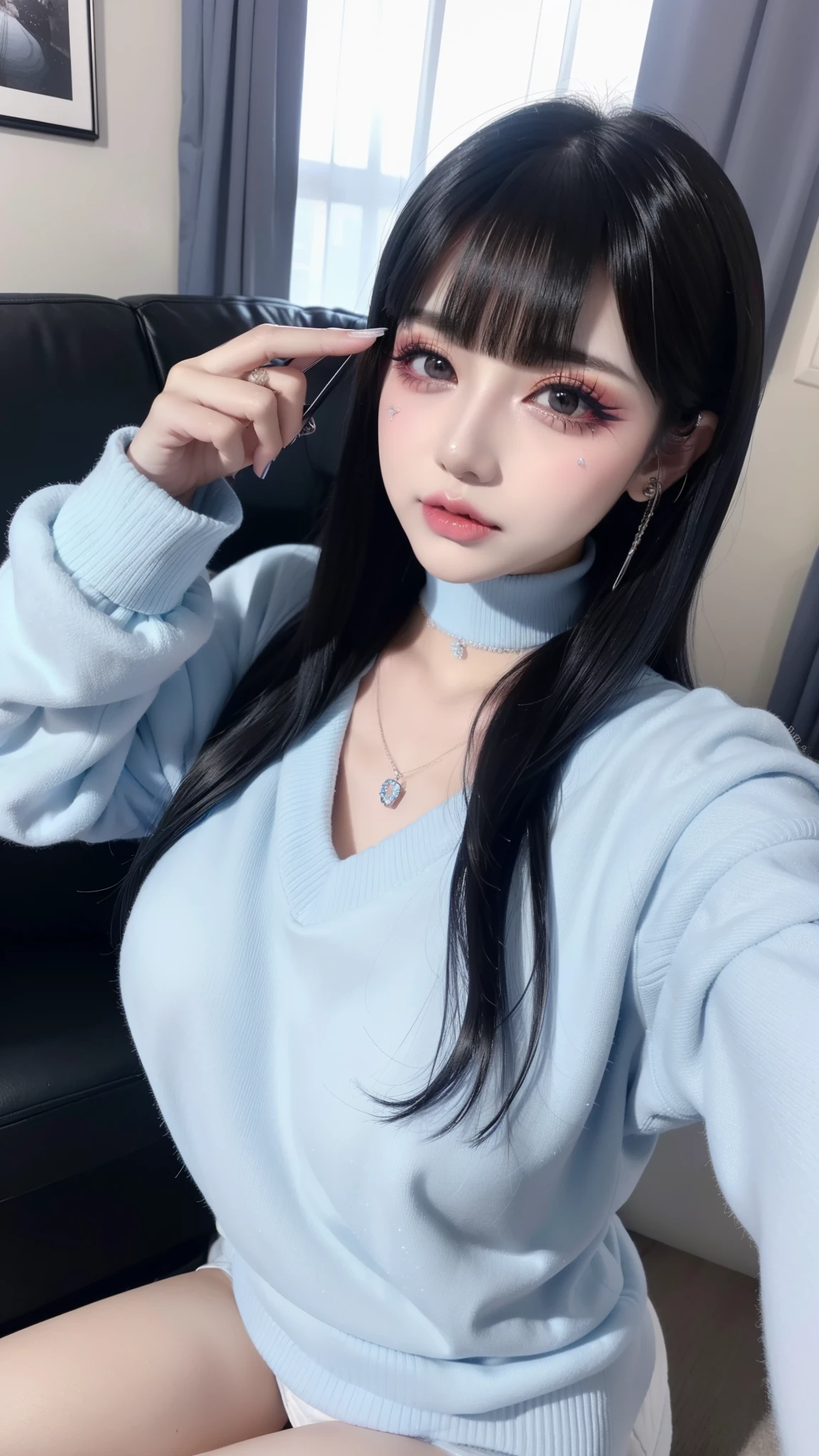 highest quality、8k、32k、masterpiece、Super vivid、Highest quality、8k full vision, Cinematic lighting:1.2)、(Blue right), One Girl、Long Hair Girl、Beautiful Japanese Women、Black-haired、Heavy bangs、Long sleeve shirt、Hair length、Fluffy white sweater、Accentuate your breasts、G-Cup,choker、(Super big boobs), (jirai type makeup, Jirai Type Girl:1.5), Sparkling glitter eye makeup, From feet to head、
indoor、moonlit room、A room in an apartment with a sense of life