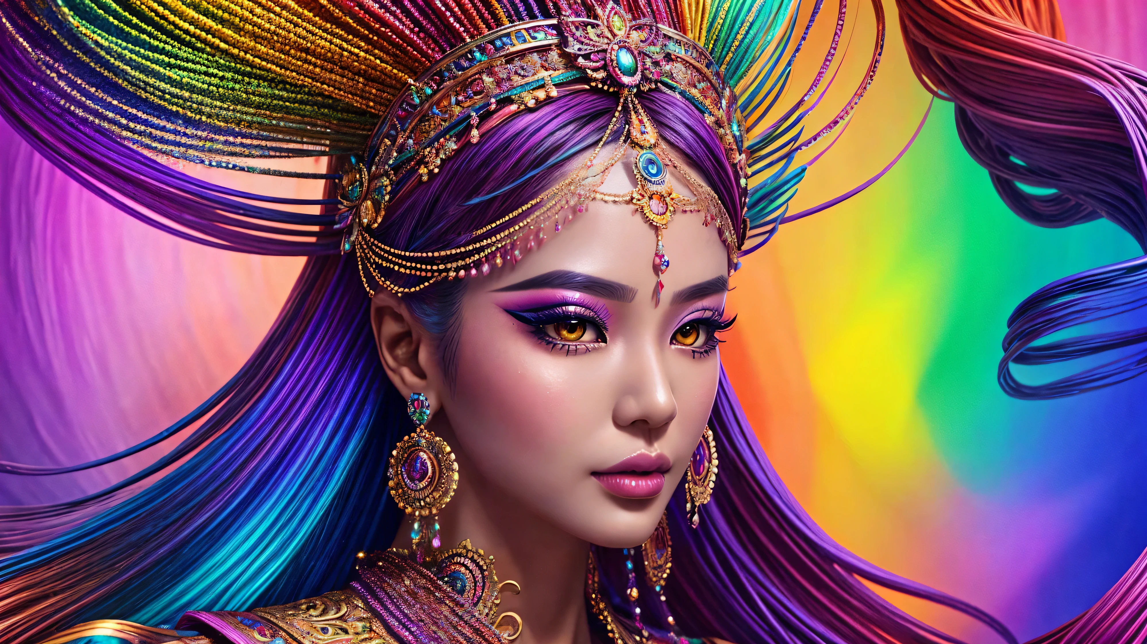 Close-up of a woman wearing a colorful headdress and makeup., colorfull digital fantasy art, exquisite digital illustration, psychedelic goddesses, Spectacular digital art, Highly detailed digital art, fantasy art behance, 3 d goddesses portrait, goddesses. very high details, beautiful digital artwork, (Realistic face details), intricate detailed, very high details, photo-hyper-realistic, 8k, UHD, hyperdetailed,