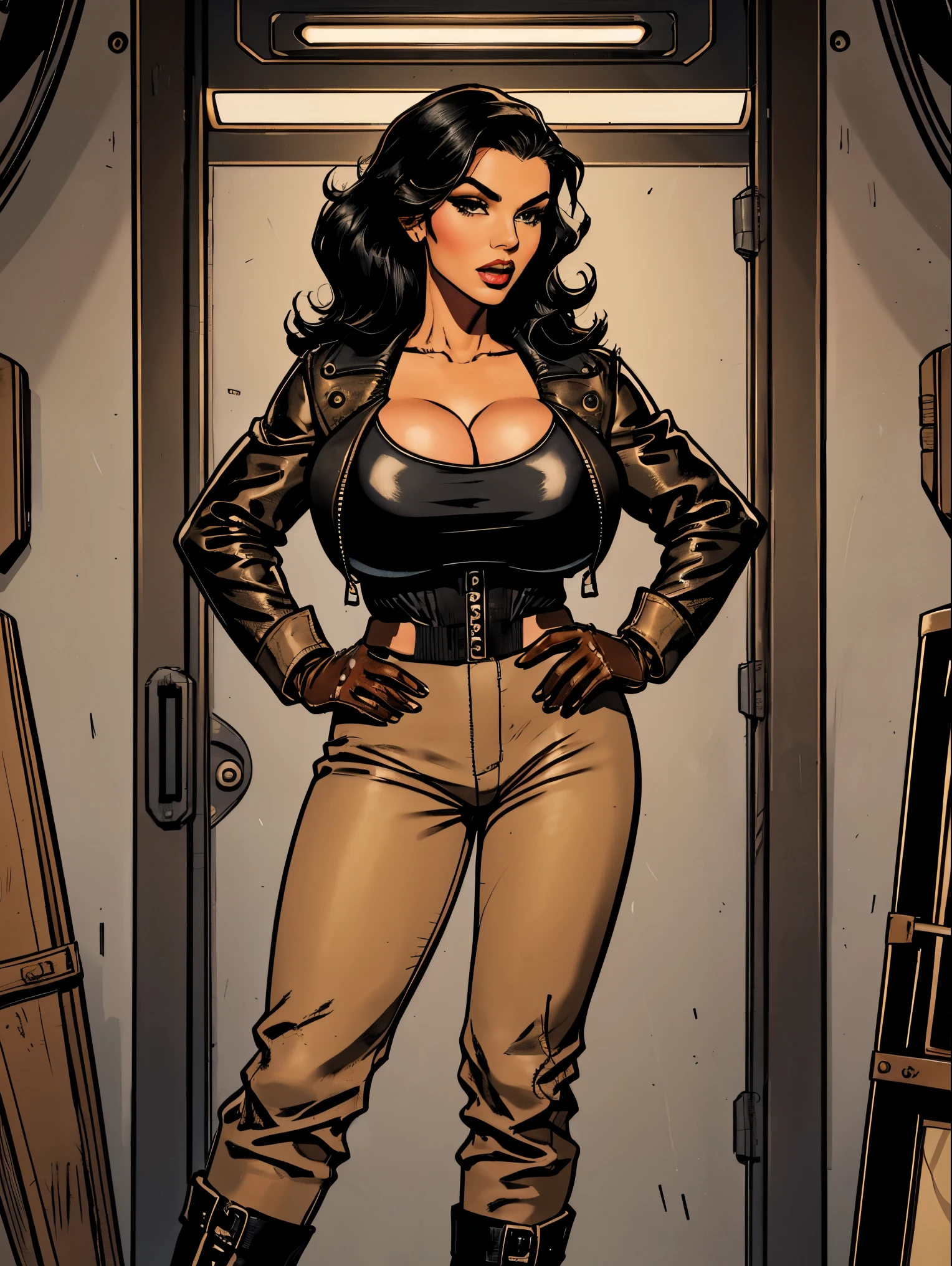 Gorgeous and sultry busty athletic Latina with sharp facial features and a (large nose) and (huge boobs) long black hair, big lips, flawless makeup, wearing a 1930’s pilot costume (black leather (cropped jacket), fleece lining, beige pants, boots, gloves) on a runway, prop plane