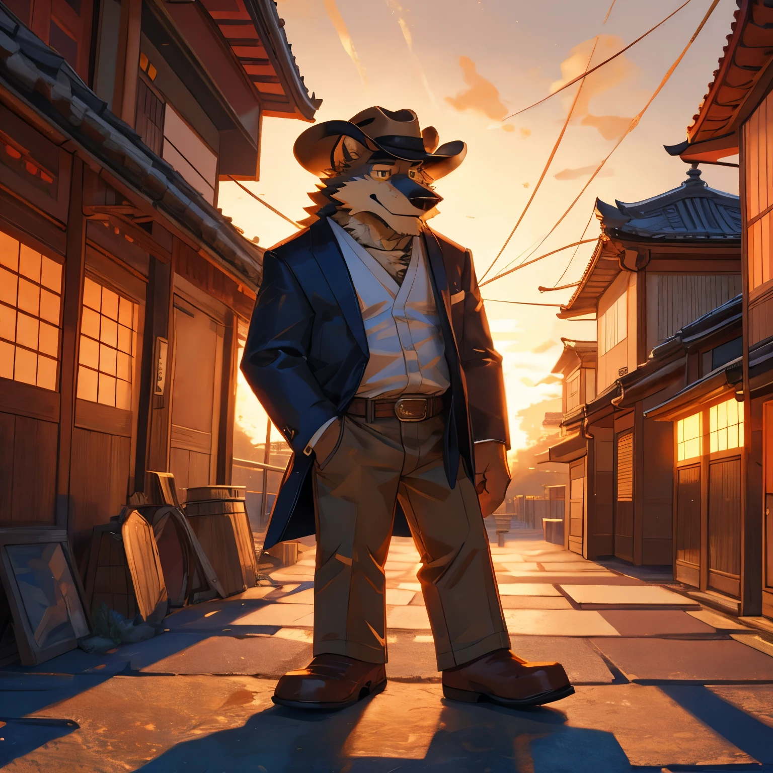 by orf, brown wolf with cowboy hat, yellow eyes, a pose where he grab his hat, sunset, Japan City