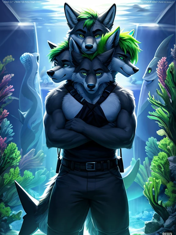 , (((Danny a grey, black, and white anthropomorphic male wolf in the aquarium with a lot of fish and a shark standing next to Cerberus who is a Cerberus a three-headed wolf with bright green hair and green eyes and black fur and has a green chest ))) , big chest wearing clothing , day, , sensual, detailed, uploaded to e621, beautiful and detailed portrait of an anthropomorphic , (((male))) uploaded to e621, zaush, foxovh, movie lighting, thicc, alone, movie cover, two people 