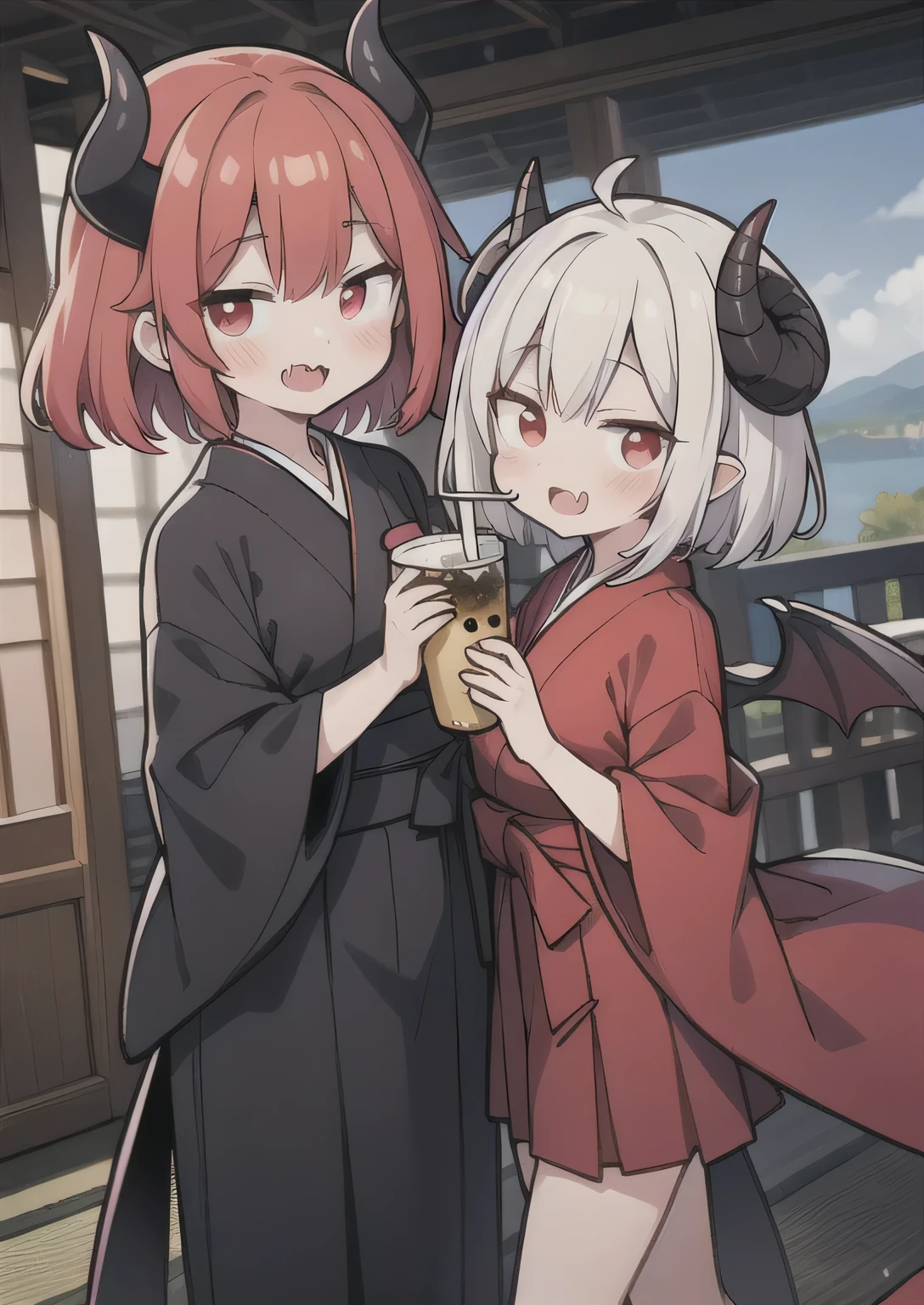 8K,  it, teeawaii vampire, crimson hair, short hair, red eyes, bat wings, smile, (blush), (shy), fang, looking at viewer,  dynamic angle, wind, game cg, fantastic scenery, demon tail, thin tail, black horns, medium breast, japanese class uniform, drinking boba