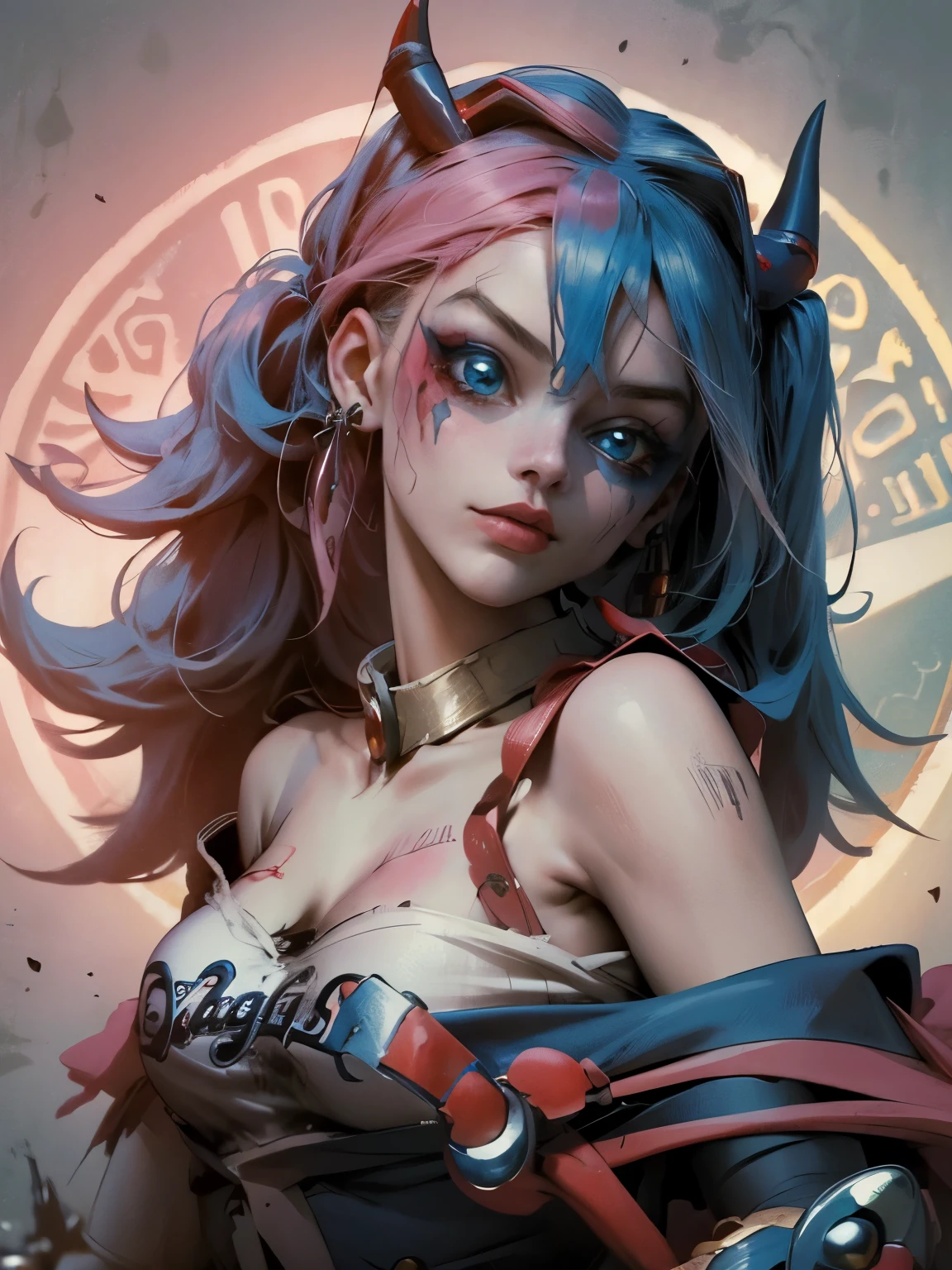 Maga oscura gils vestida de Harley Quinn. Tiene cabello rubio y negro. Ojos azules. Labios rojos. Gils, el mago oscuro, se viste como Harley Quinn. Pose sensual y inocente. Fondo de circo y magia.
