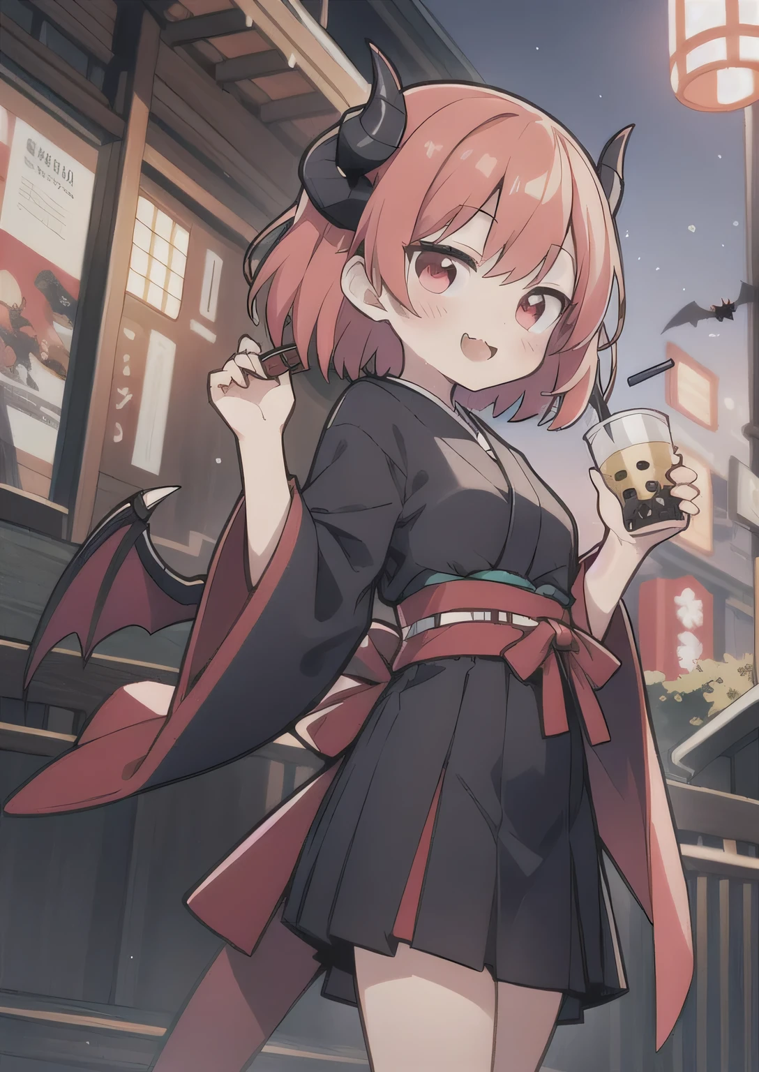 8K, petit, , kawaii vampire, crimson hair, short hair, red eyes, bat wings, smile, (blush), (shy), fang, looking at viewer, dynamic angle, wind, game cg, fantastic scenery, demon tail, thin tail, black horns, medium breast, japanese class uniform, drinking boba