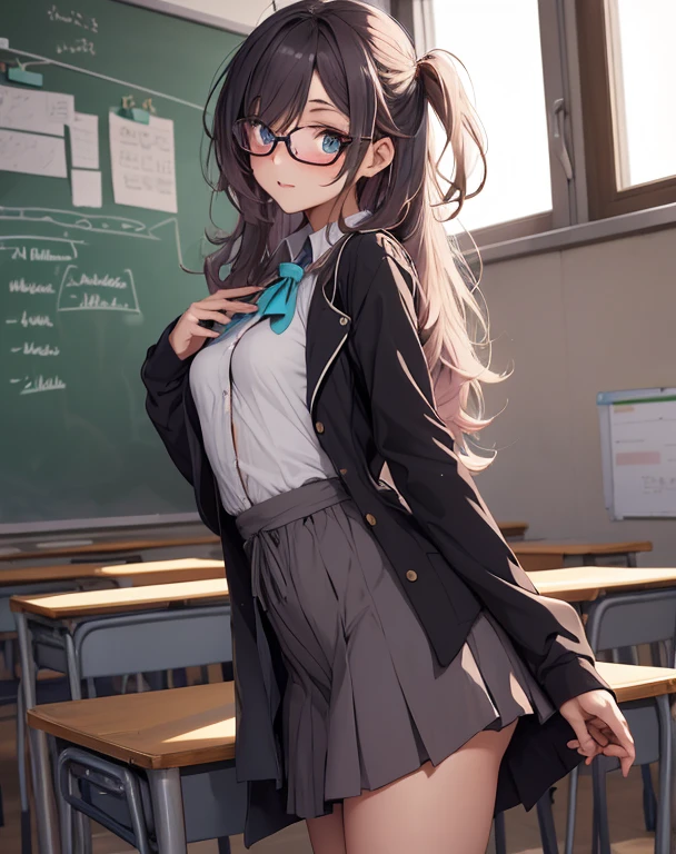 1fille sexy , fille professeur, une fille aux cheveux bruns avec des lunettes, classroom , crayon sur l'oreille, long curly hair, Messy hair, jupe plissée noire, stocking, bas collants, corps mince, porte une veste marron, she closes her left eye, ornement de chemise, seductive pose, yeux aqua, robe, Mini jupe plissée, s&#39;asseoir à la salle de cours, veste ouverte, Lunettes, twintail braided hair, , full details ,hd, beautiful lighting, light effects, ,