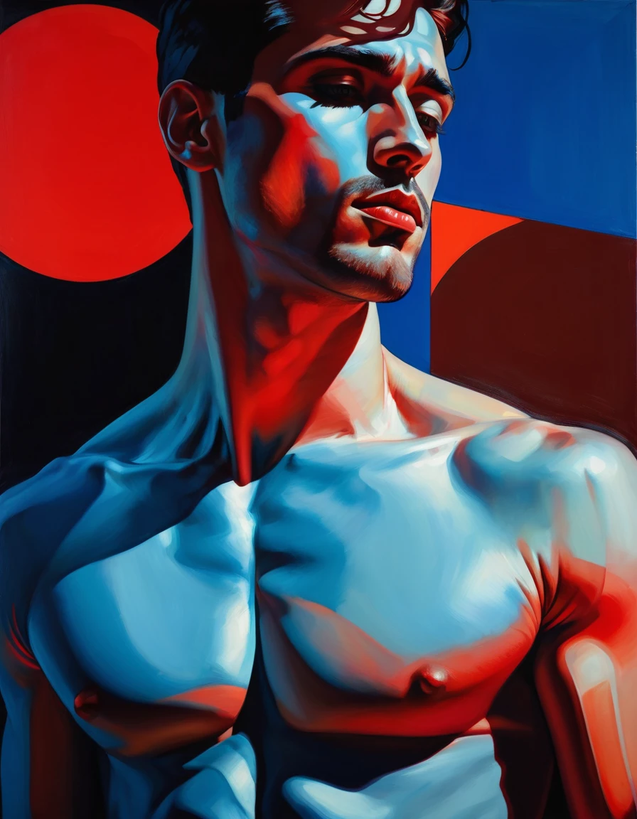 chiaroscuro technique on sensual illustration of an arafed supermodel, sexy masculine, diego fazio, male model, by Ludovit Fulla, model with attractive body, inspired by Ludovit Fulla, mid-shot of a hunky, the model draped in flowing, thick oil painting by Harumi Hironaka, extremely soft colors, vibrant, highly detailed, malcolm liepke painting, oil on canvas, high contrast, dramatic, refined, tonal, Create high contrast between light and shadow fire around, there is a red circle on a blue and red square, inspired by Bauhaus, in a shapes background, brown red blue, circle forms, red blue, by Leon Polk Smith, memphis abstract minimal art, graphic shapes, minimal art, blue and red, minimal art style, bauhaus art, inspired by El Lissitzky, bold simple shapes