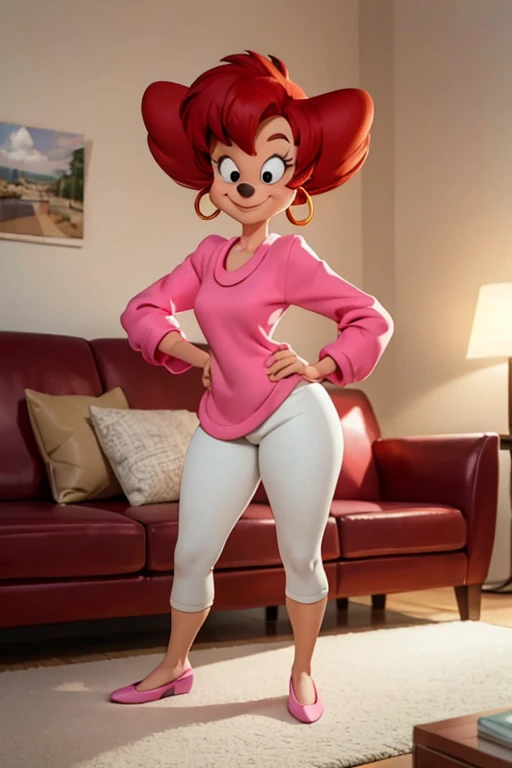 Peg Pete, red big hair, black eyes, animal nose, pink shirt, dark skin, hoop earrings, white pants, pink flasts, looking at viewer, smiling, full body shot, standing, hands on hips, inside cozy living room, sofa, lamp, high quality, masterpiece 