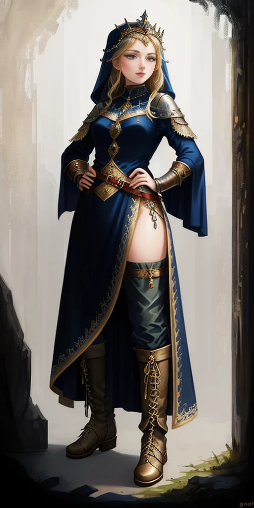 ((white background)) full body of a woman in a dress with a veil, feet together, standing feet together, military boots, beautiful fantasy maiden slave warrior, beautiful fantasy art portrait, fantasy Victorian art, medieval fantasy art, beautiful and elegant queen, portrait of queen of light, fantasy portrait art, gothic fantasy art, a beautiful fantasy empress, hands on hips